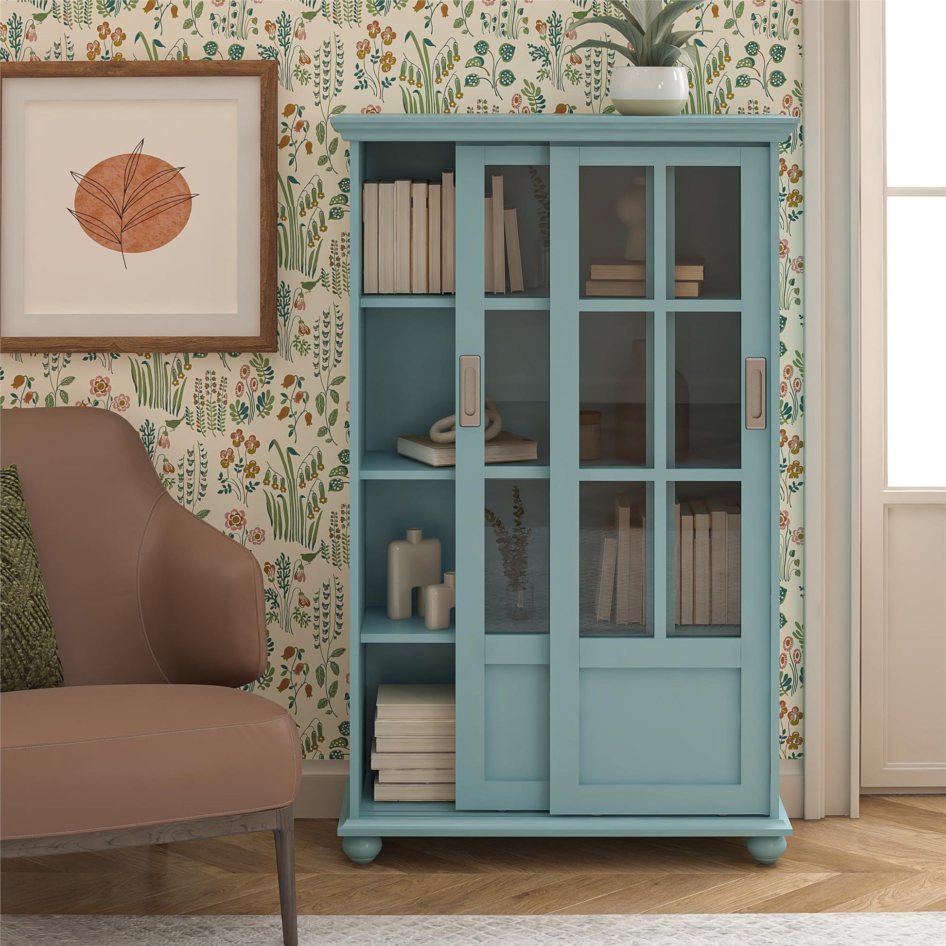 Aaron Lane Tall Bookcase with 2 Sliding Glass Doors - Sea Blue