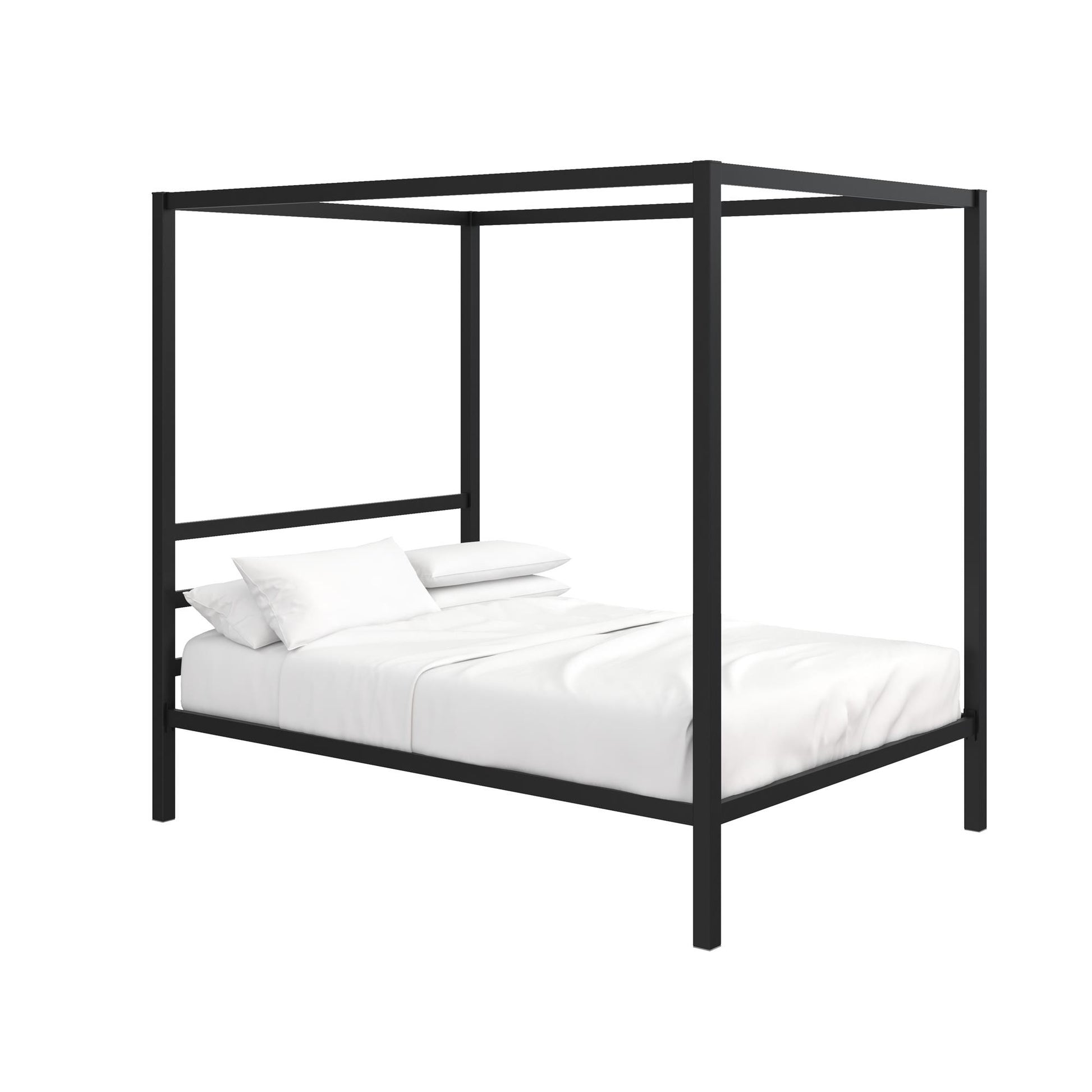 Modern Metal Canopy Bed with Sleek Built-In Headboard - Black - Full