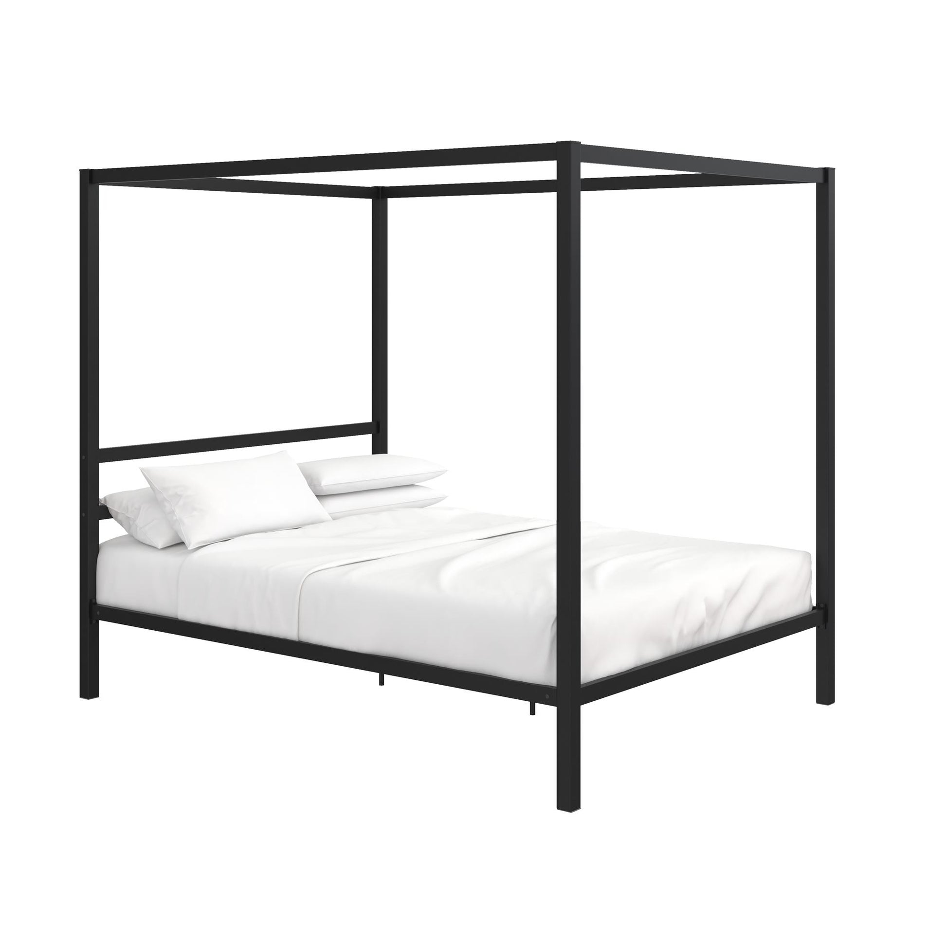 Modern Metal Canopy Bed with Sleek Built-In Headboard - Black - Queen