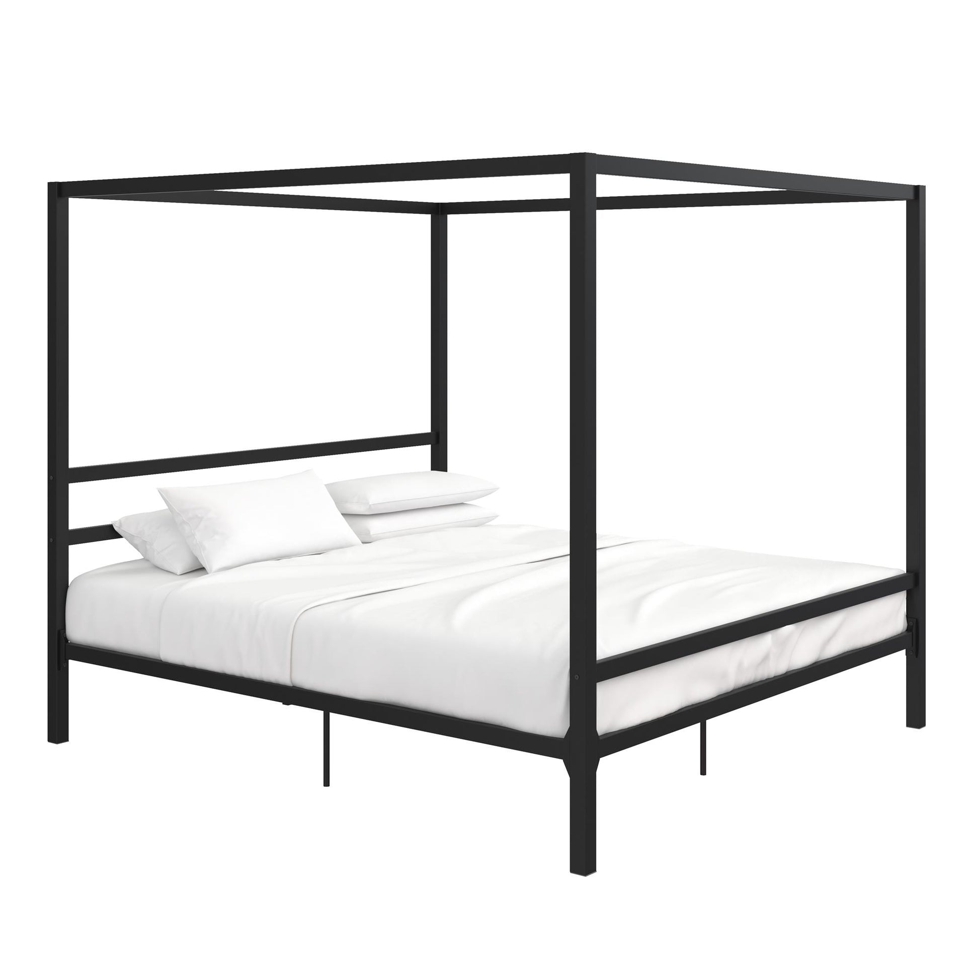 Modern Metal Canopy Bed with Sleek Built-In Headboard - Black - King