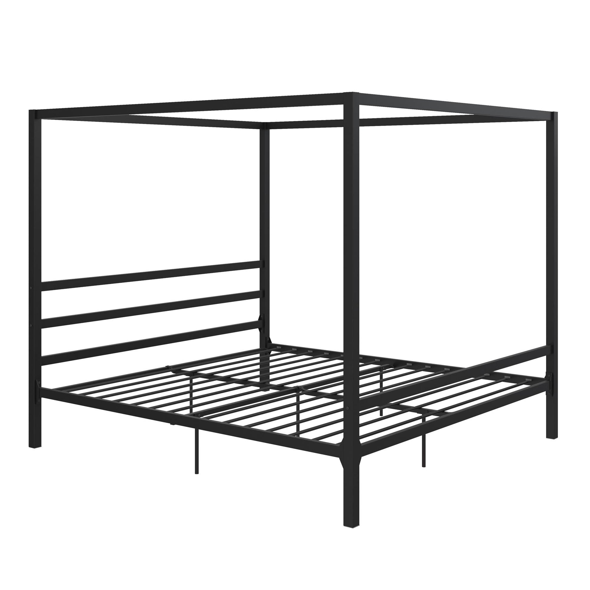 Modern Metal Canopy Bed with Sleek Built-In Headboard - Black - King