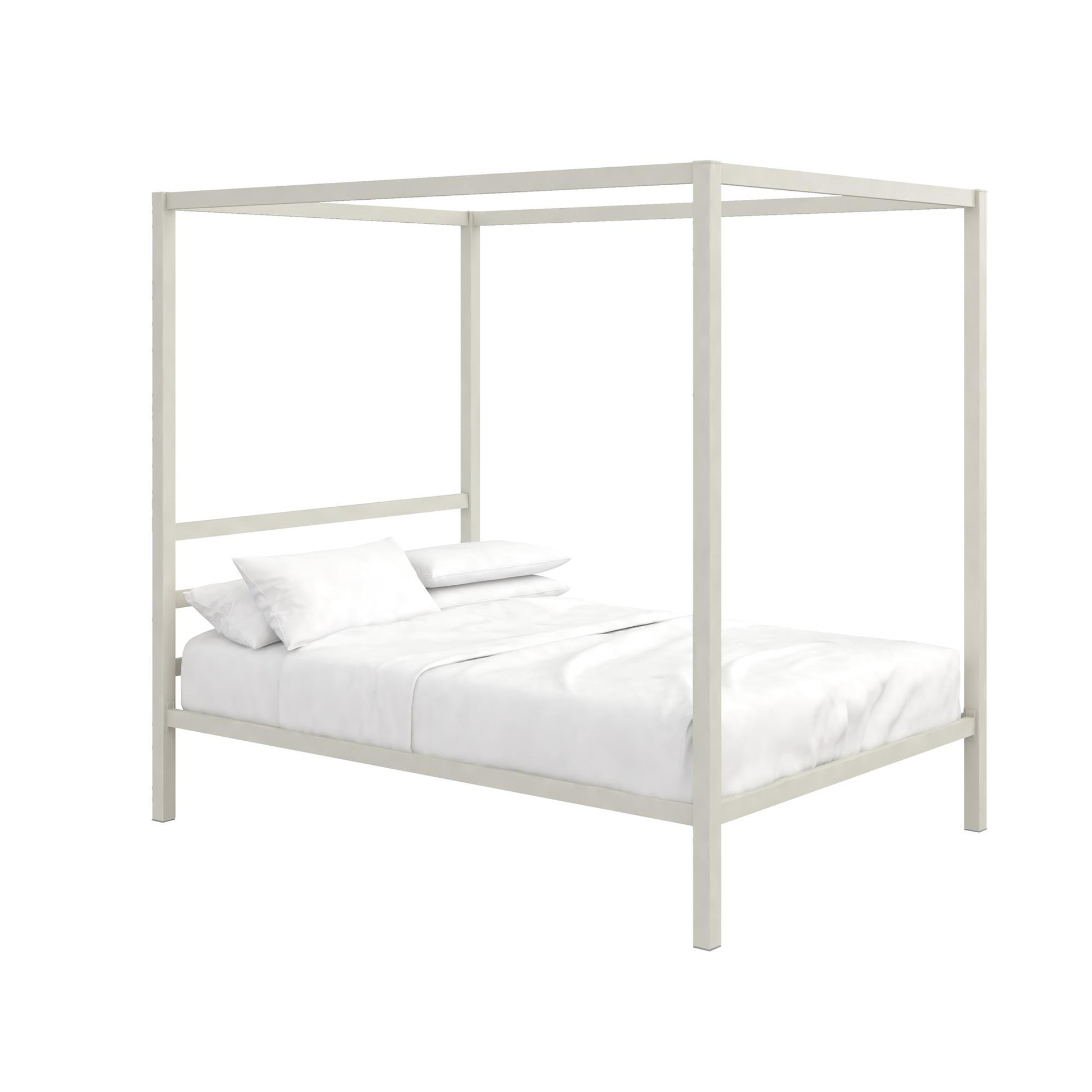 Modern Metal Canopy Bed with Sleek Built-In Headboard - White - Full