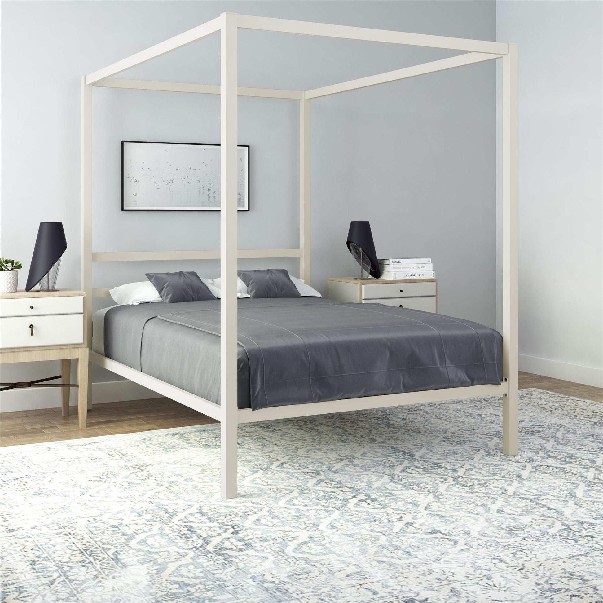 Modern Metal Canopy Bed with Sleek Built-In Headboard - White - Full