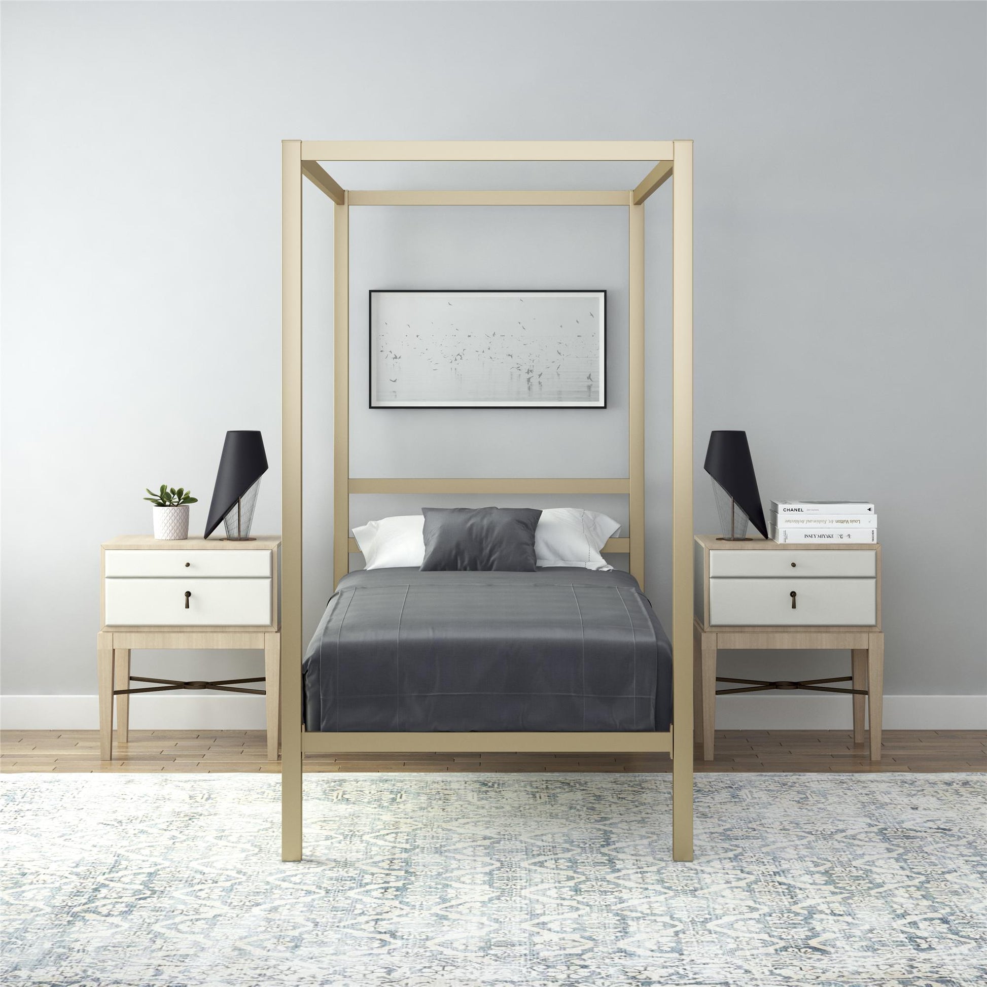 Modern Metal Canopy Bed with Sleek Built-In Headboard - Gold - Twin