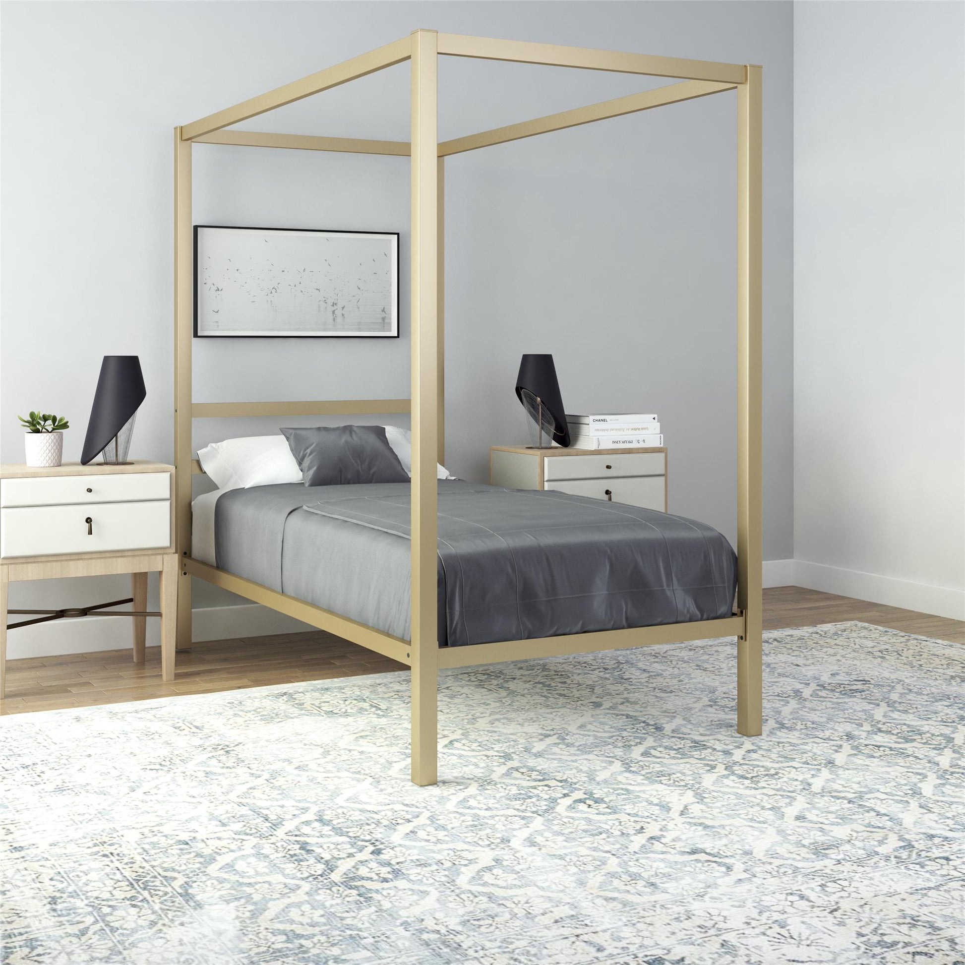 Modern Metal Canopy Bed with Sleek Built-In Headboard - Gold - Twin
