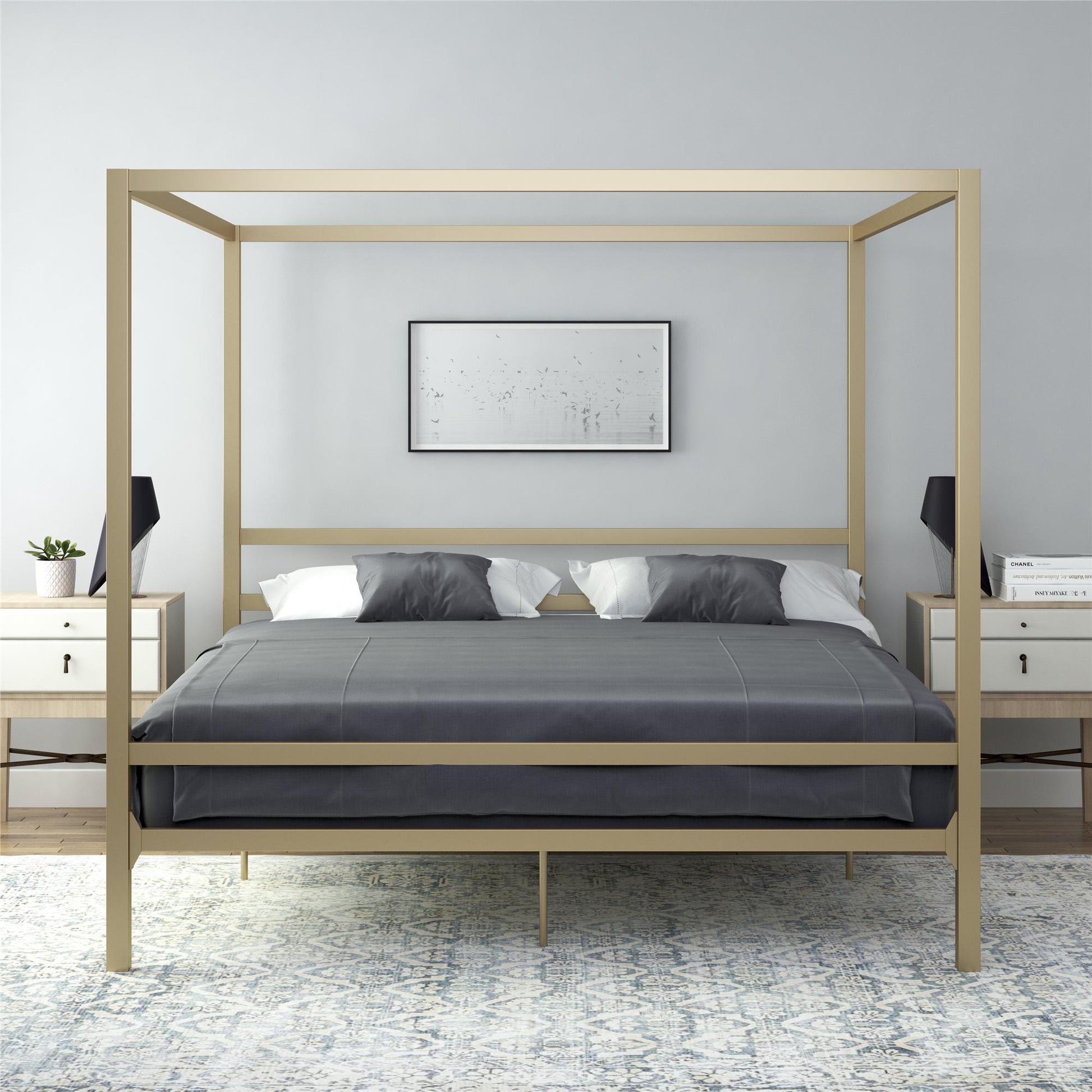 Modern Metal Canopy Bed with Sleek Built-In Headboard - Gold - King