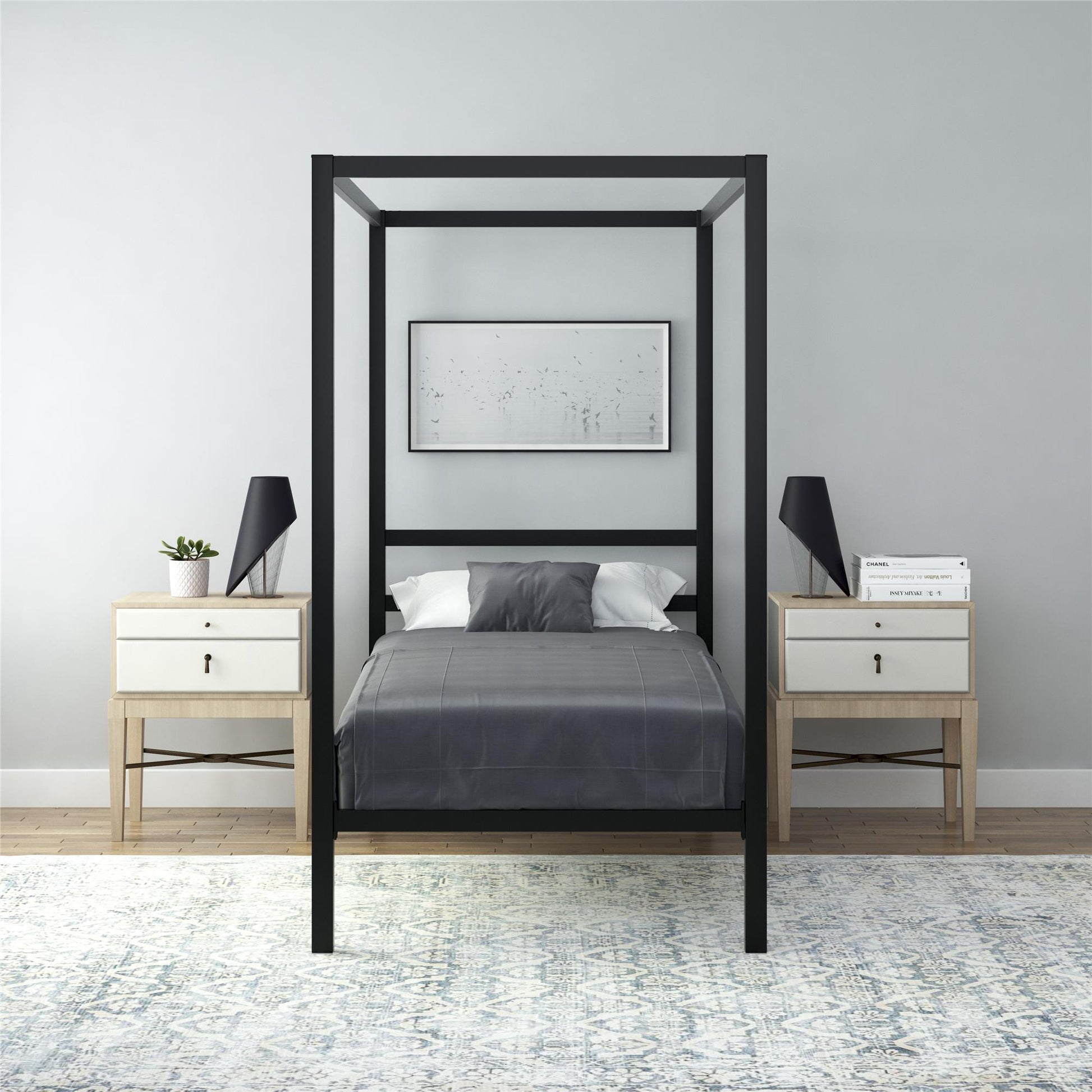 Modern Metal Canopy Bed with Sleek Built-In Headboard - Black - Twin