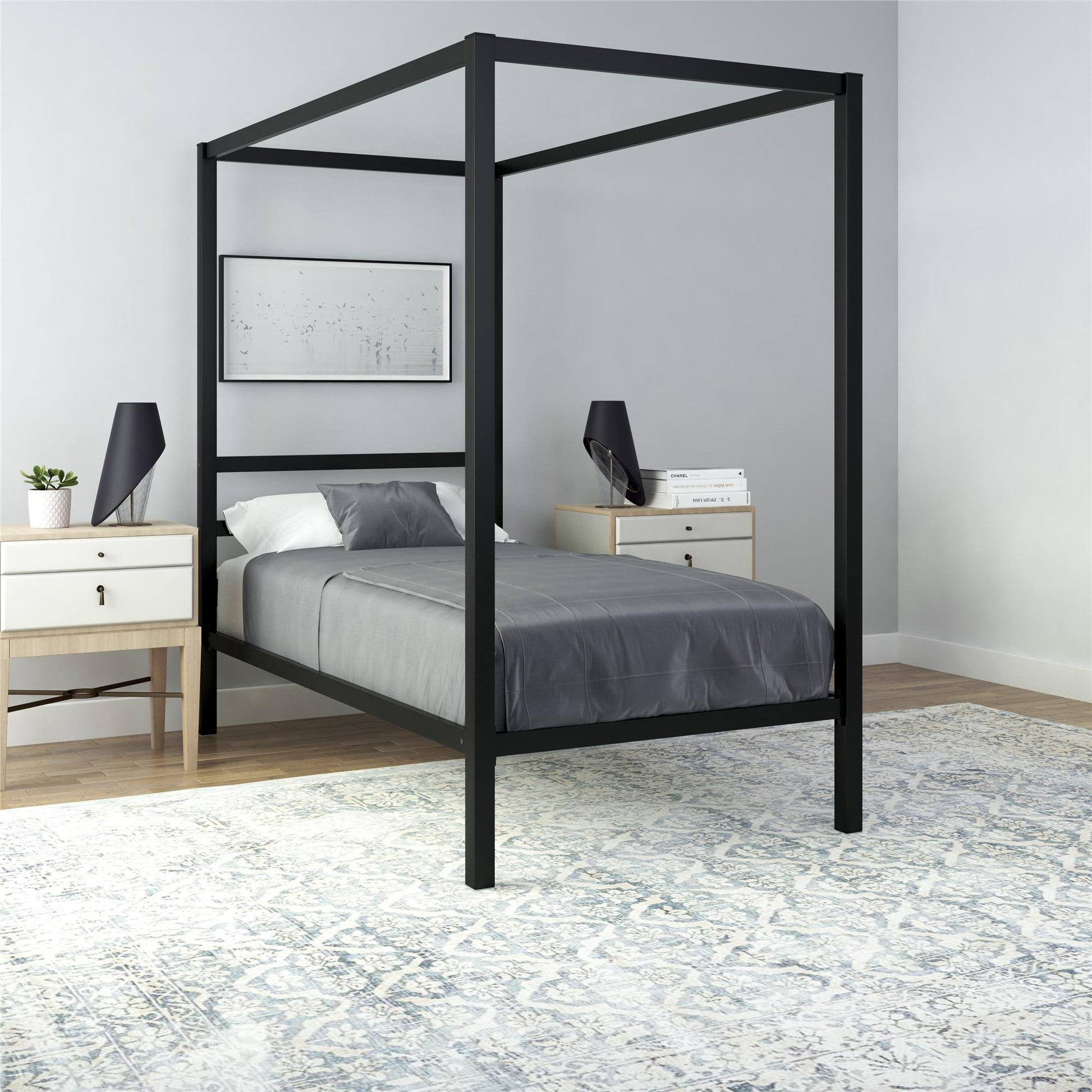 Modern Metal Canopy Bed with Sleek Built-In Headboard - Black - Twin