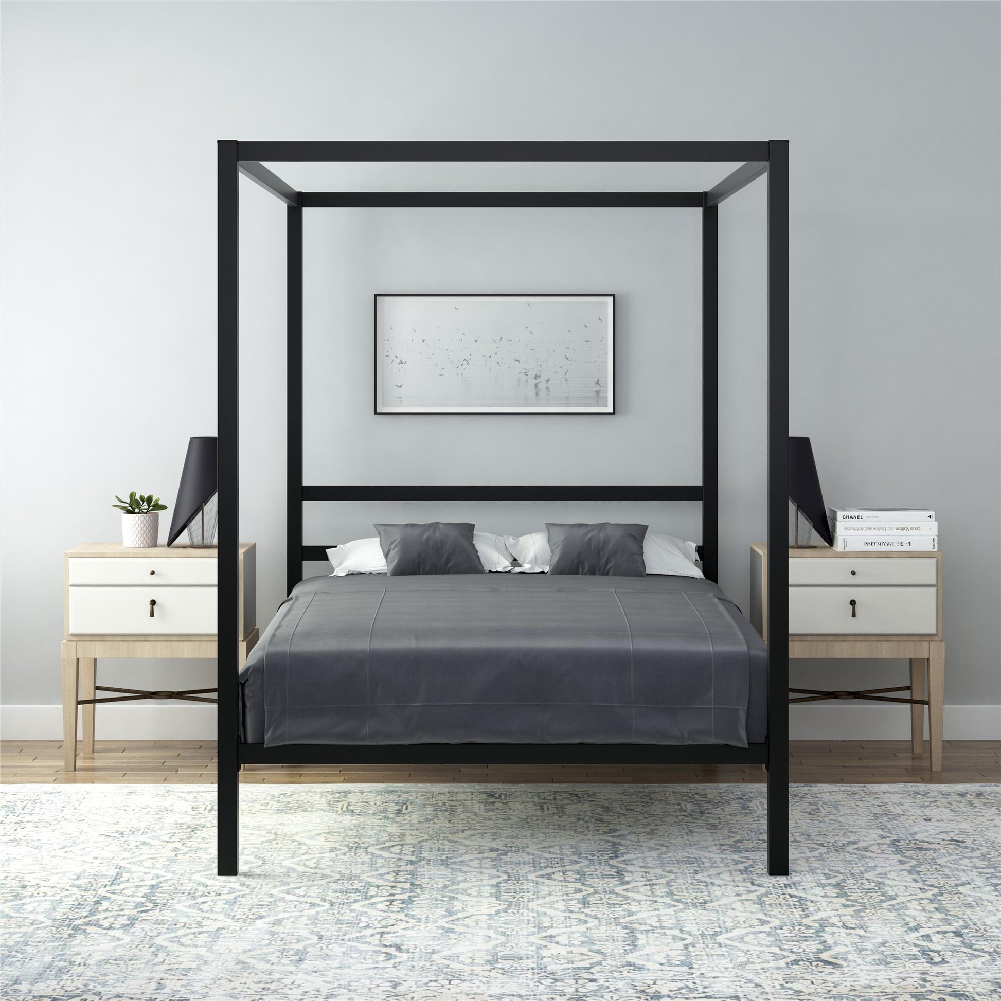 Modern Metal Canopy Bed with Sleek Built-In Headboard - Black - Full