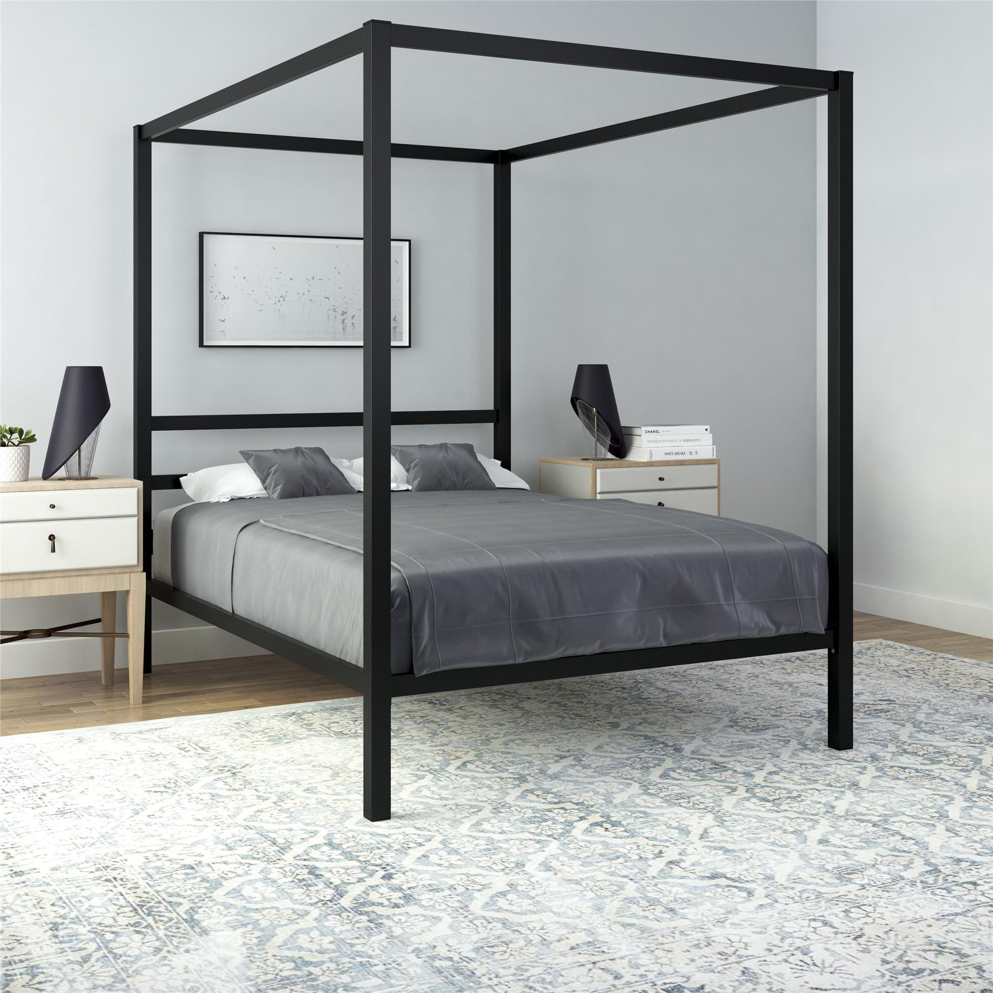 Modern Metal Canopy Bed with Sleek Built-In Headboard - Black - Full