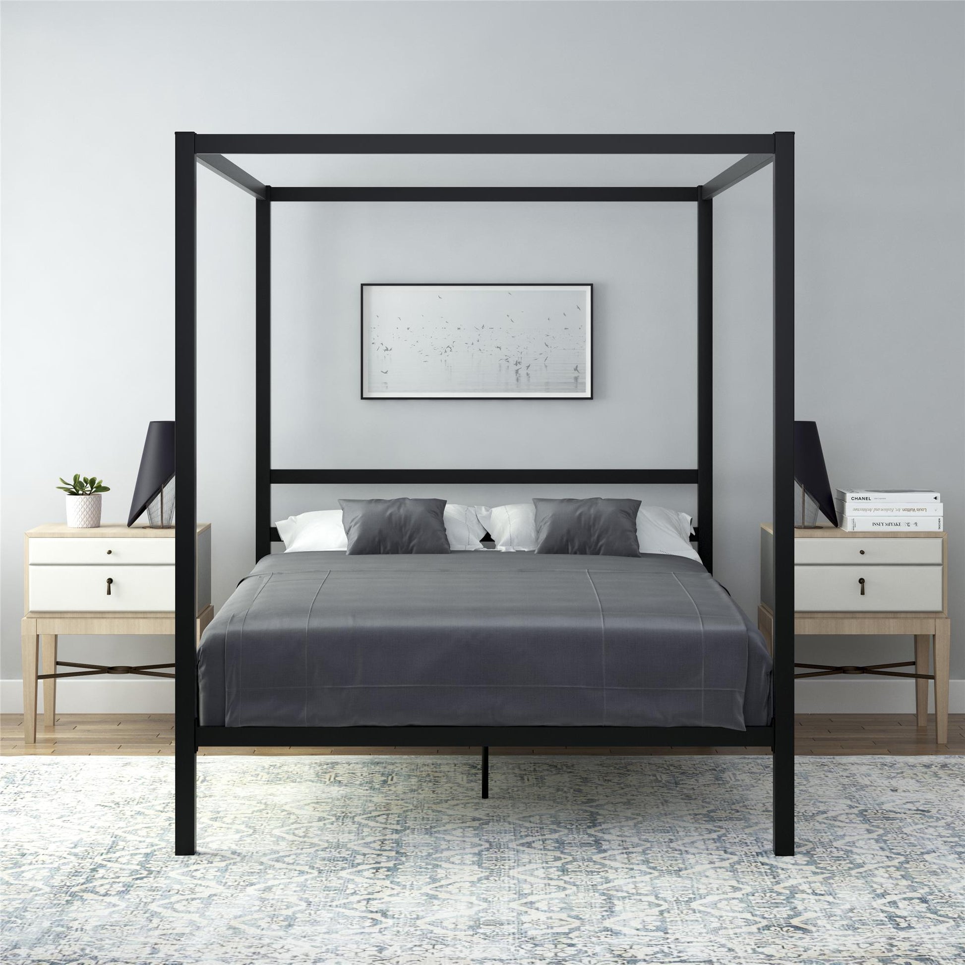 Modern Metal Canopy Bed with Sleek Built-In Headboard - Black - Queen