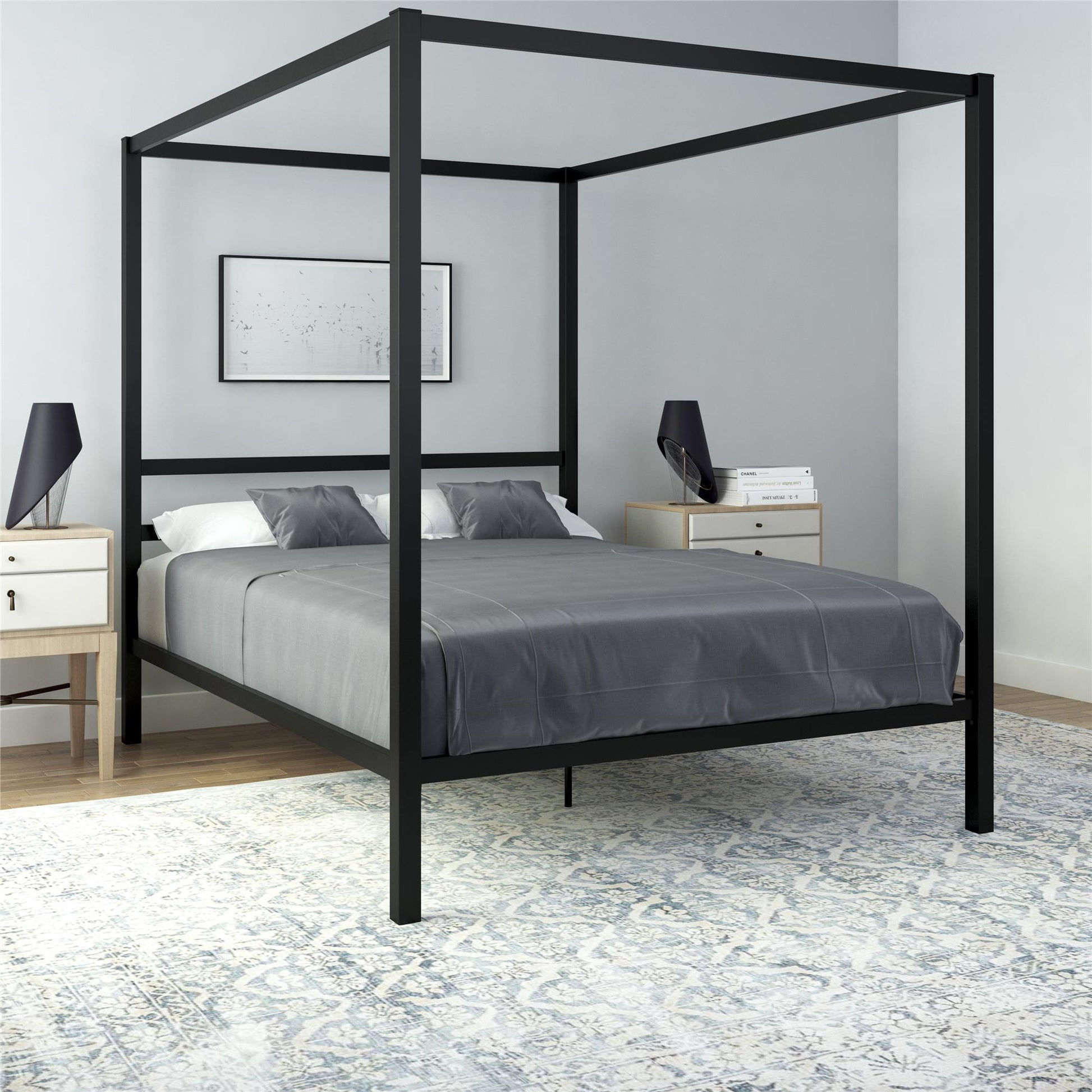 Modern Metal Canopy Bed with Sleek Built-In Headboard - Black - Queen