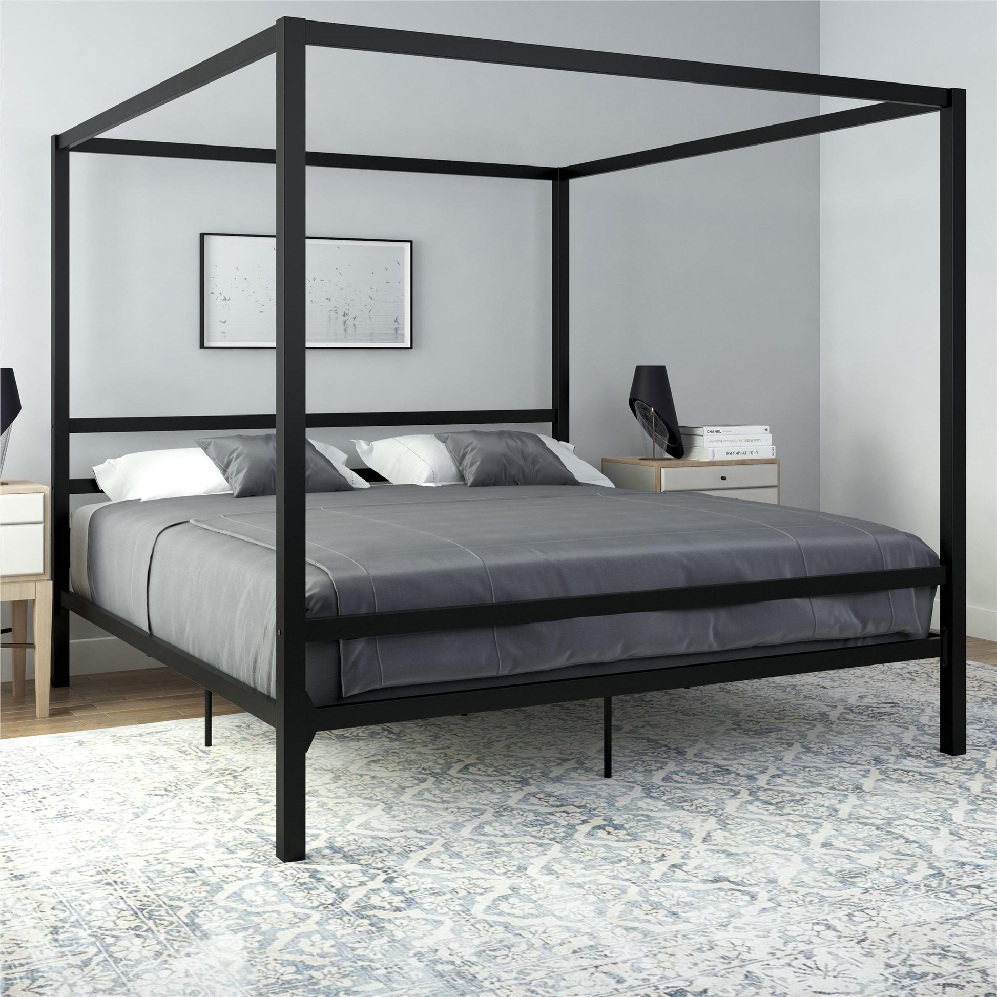 Modern Metal Canopy Bed with Sleek Built-In Headboard - Black - King