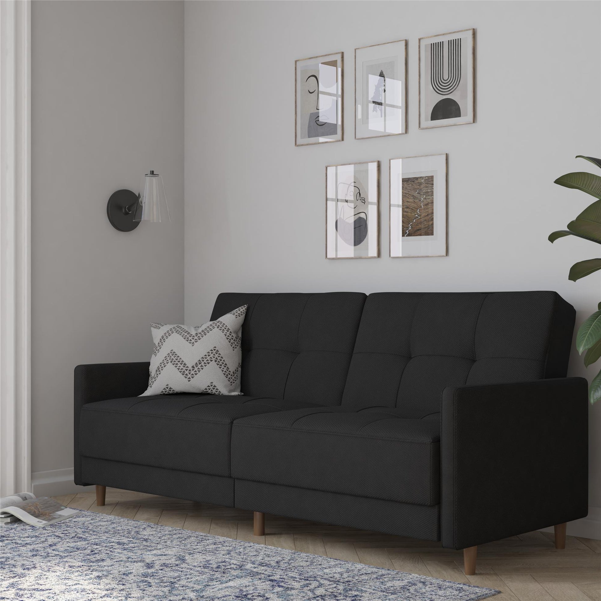 Andora Tufted Upholstered Coil Futon with Wooden Legs - Black