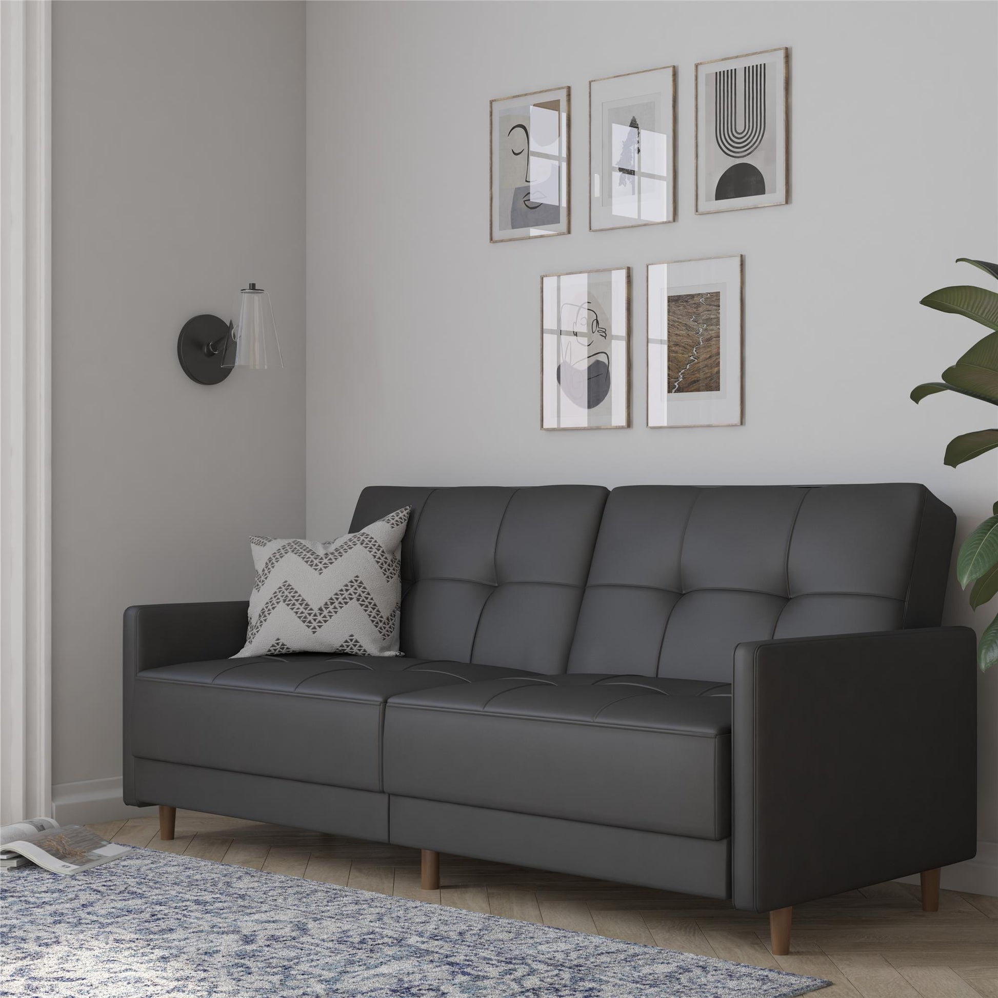 Andora Tufted Upholstered Coil Futon with Wooden Legs - Gray