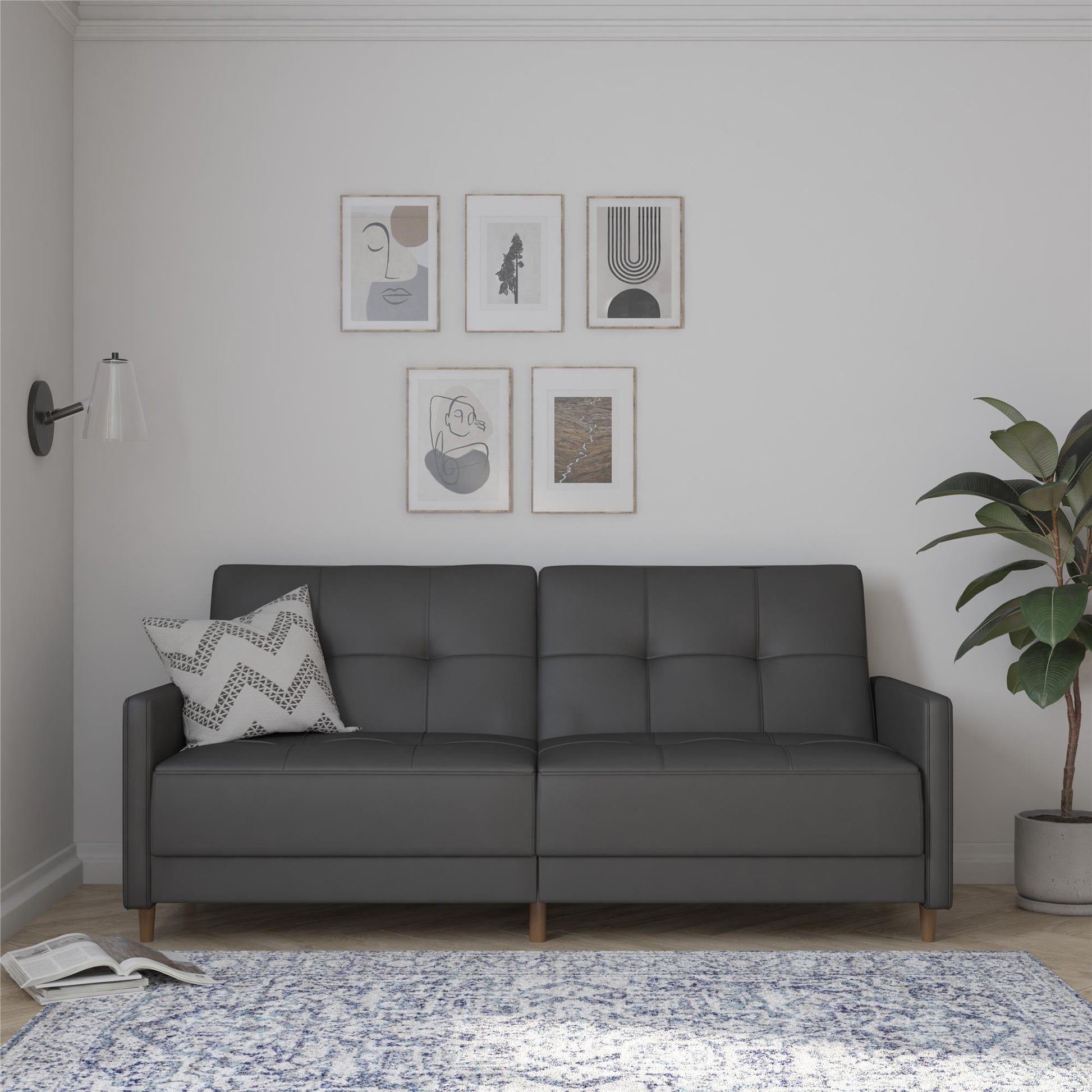 Andora Tufted Upholstered Coil Futon with Wooden Legs - Gray
