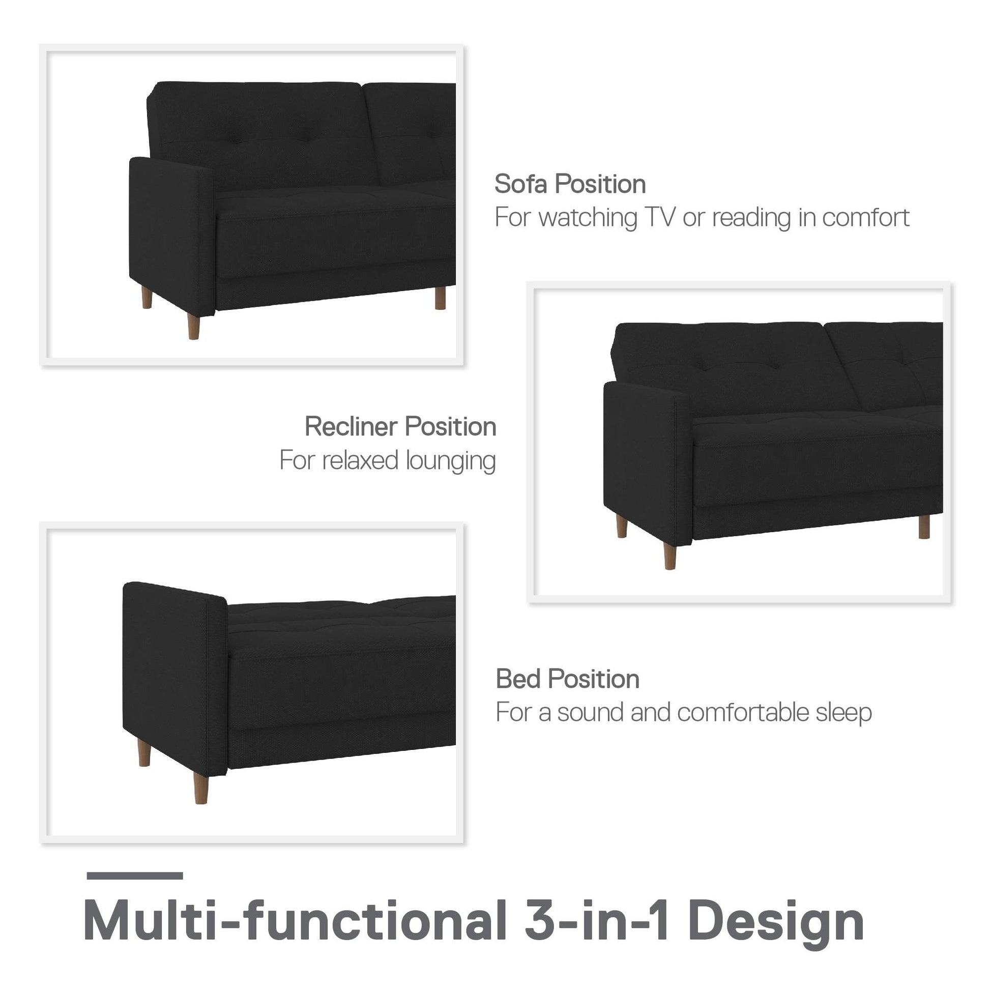 Andora Tufted Upholstered Coil Futon with Wooden Legs - Black