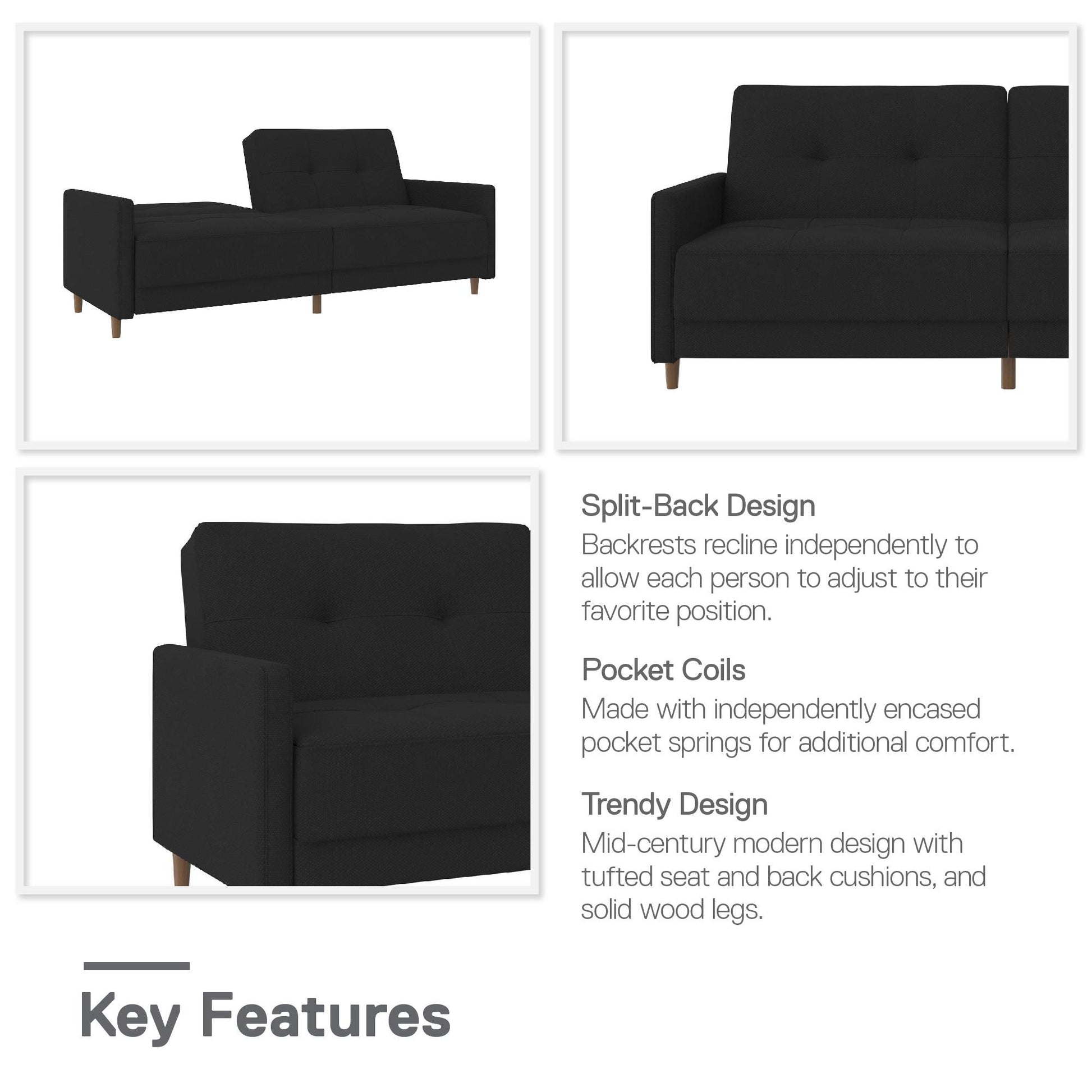 Andora Tufted Upholstered Coil Futon with Wooden Legs - Black