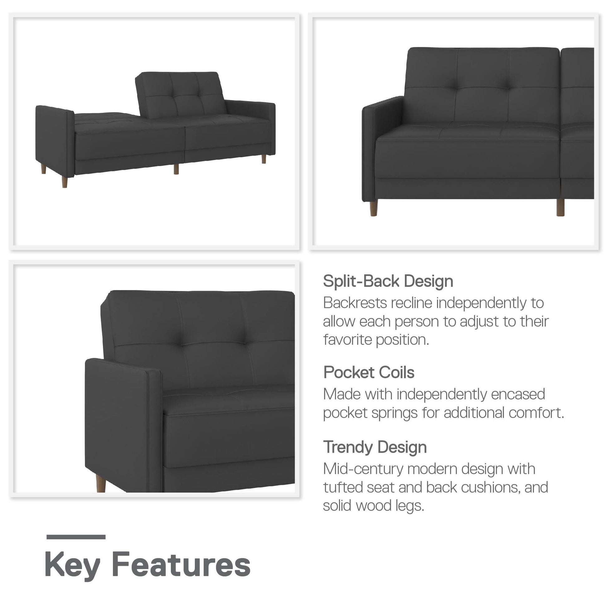 Andora Tufted Upholstered Coil Futon with Wooden Legs - Gray