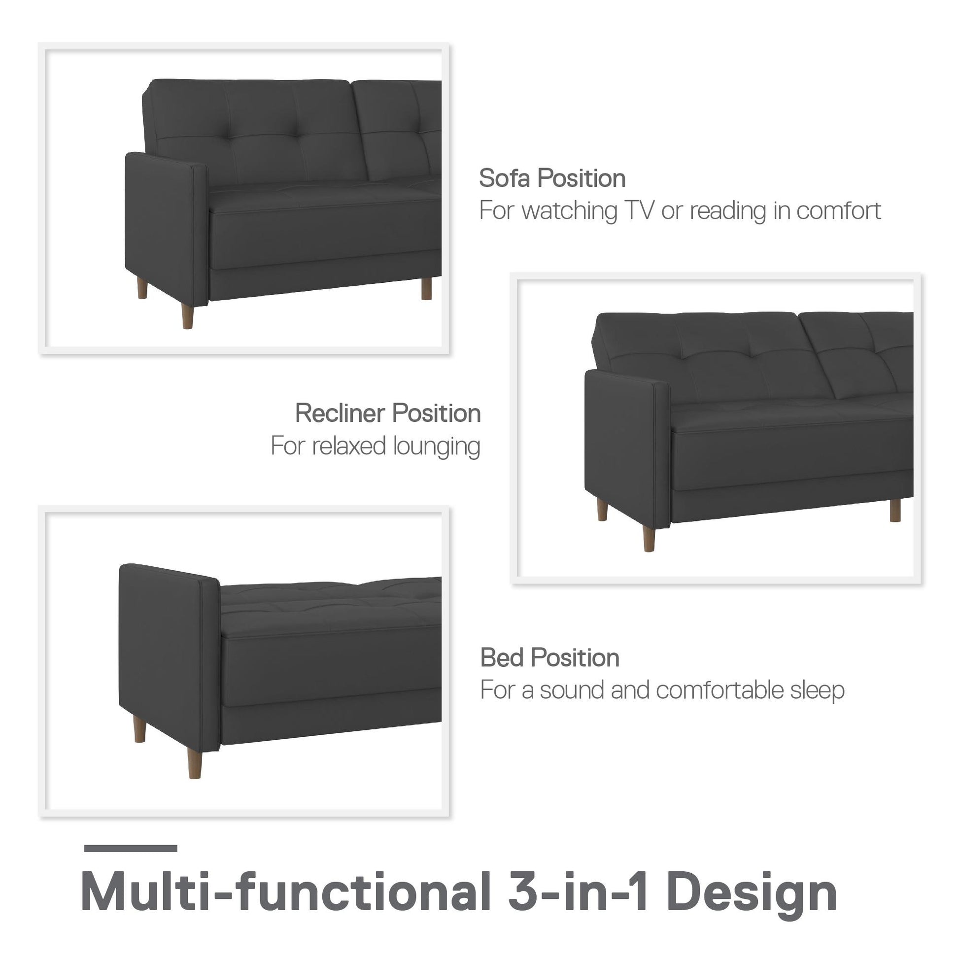 Andora Tufted Upholstered Coil Futon with Wooden Legs - Gray