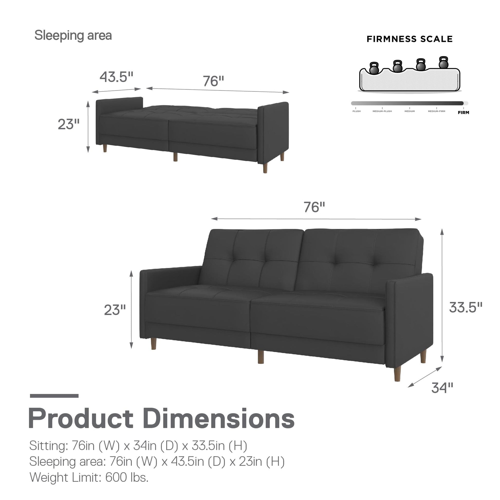 Andora Tufted Upholstered Coil Futon with Wooden Legs - Gray