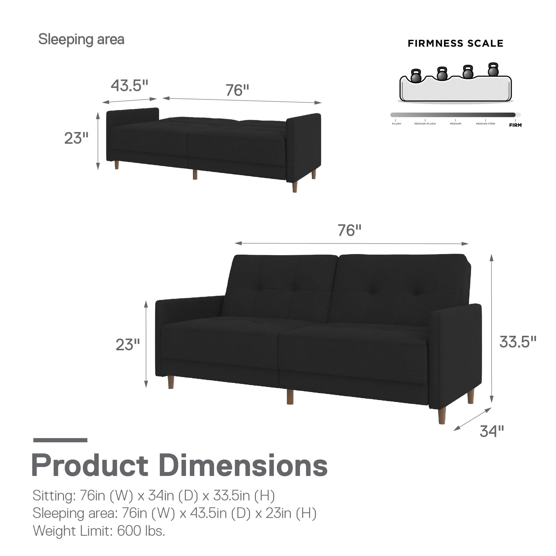 Andora Tufted Upholstered Coil Futon with Wooden Legs - Black