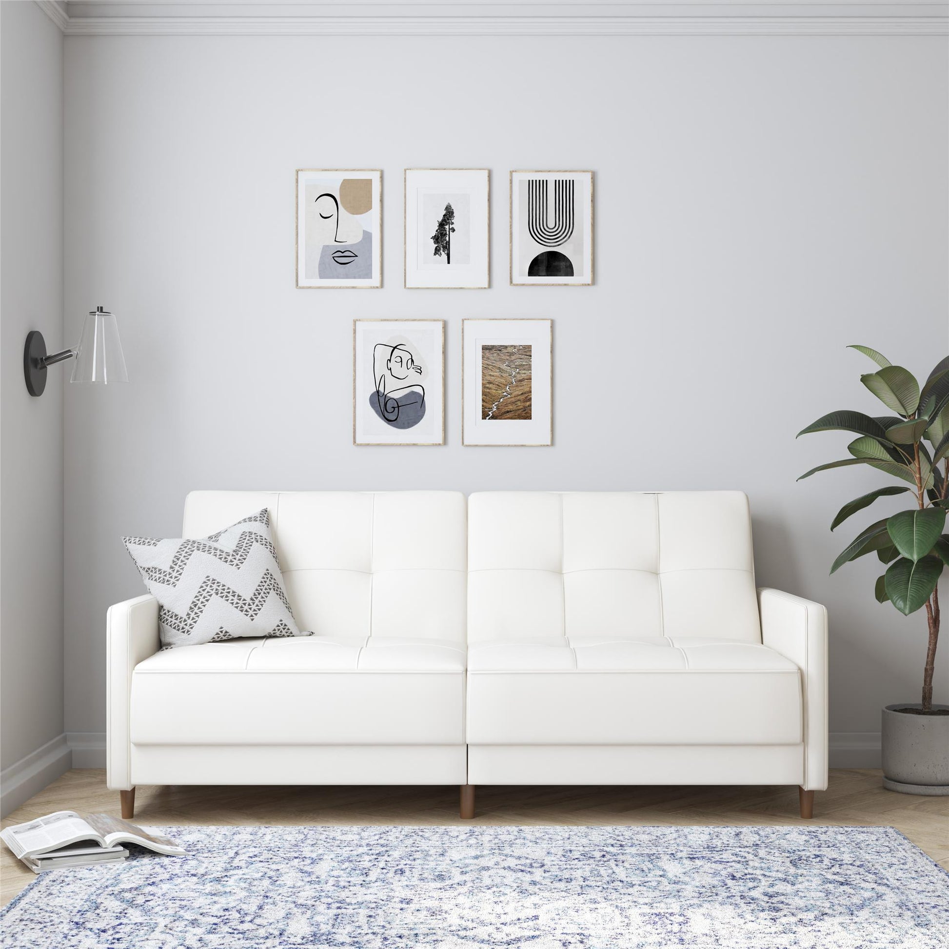 Andora Tufted Upholstered Coil Futon with Wooden Legs - White Faux leather