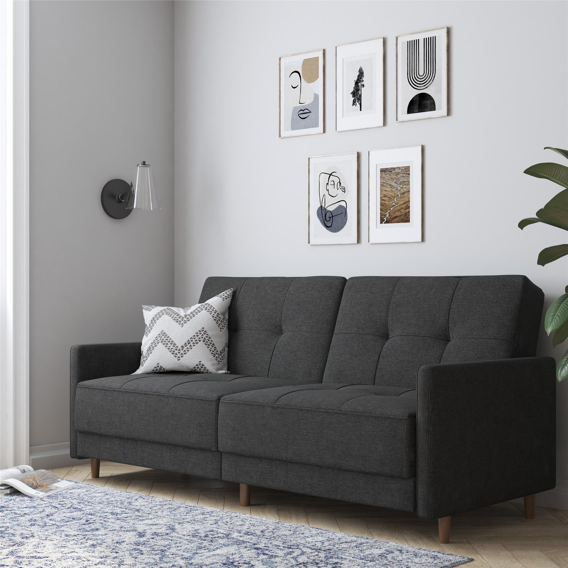 Andora Tufted Upholstered Coil Futon with Wooden Legs - Black Faux Leather