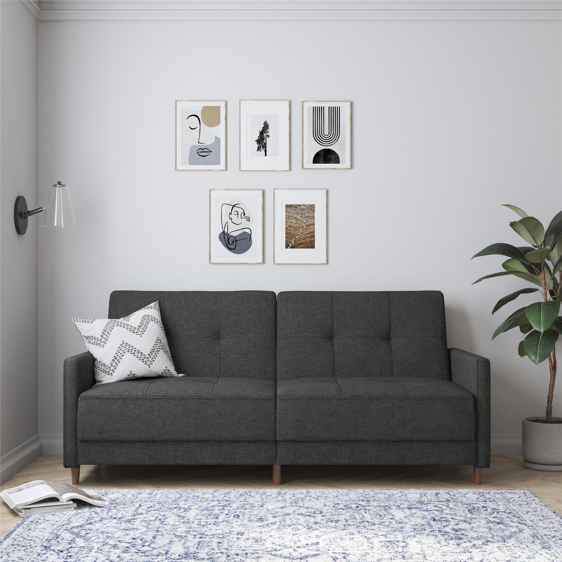 Andora Tufted Upholstered Coil Futon with Wooden Legs - Grey Linen