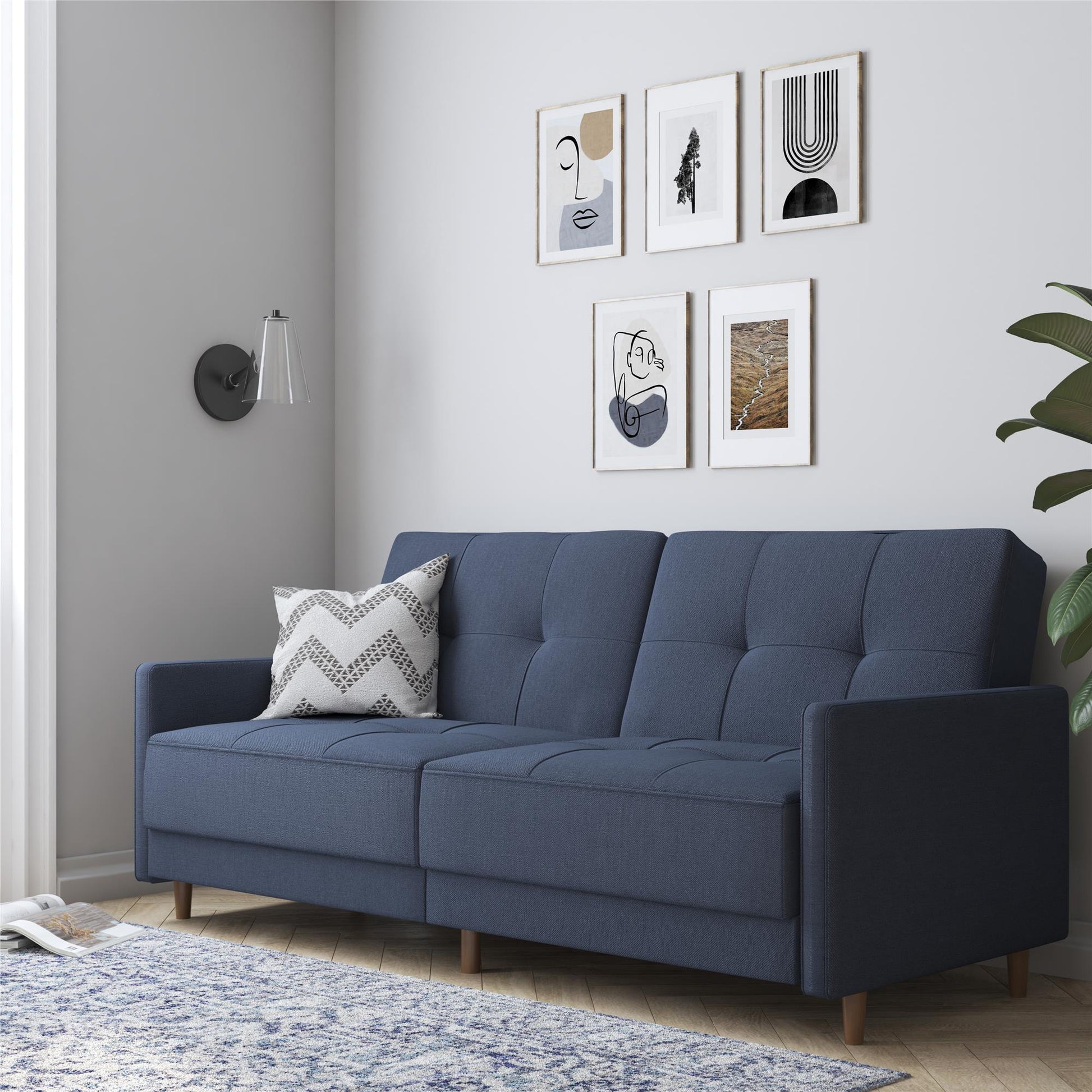 Andora Tufted Upholstered Coil Futon with Wooden Legs - Navy Linen
