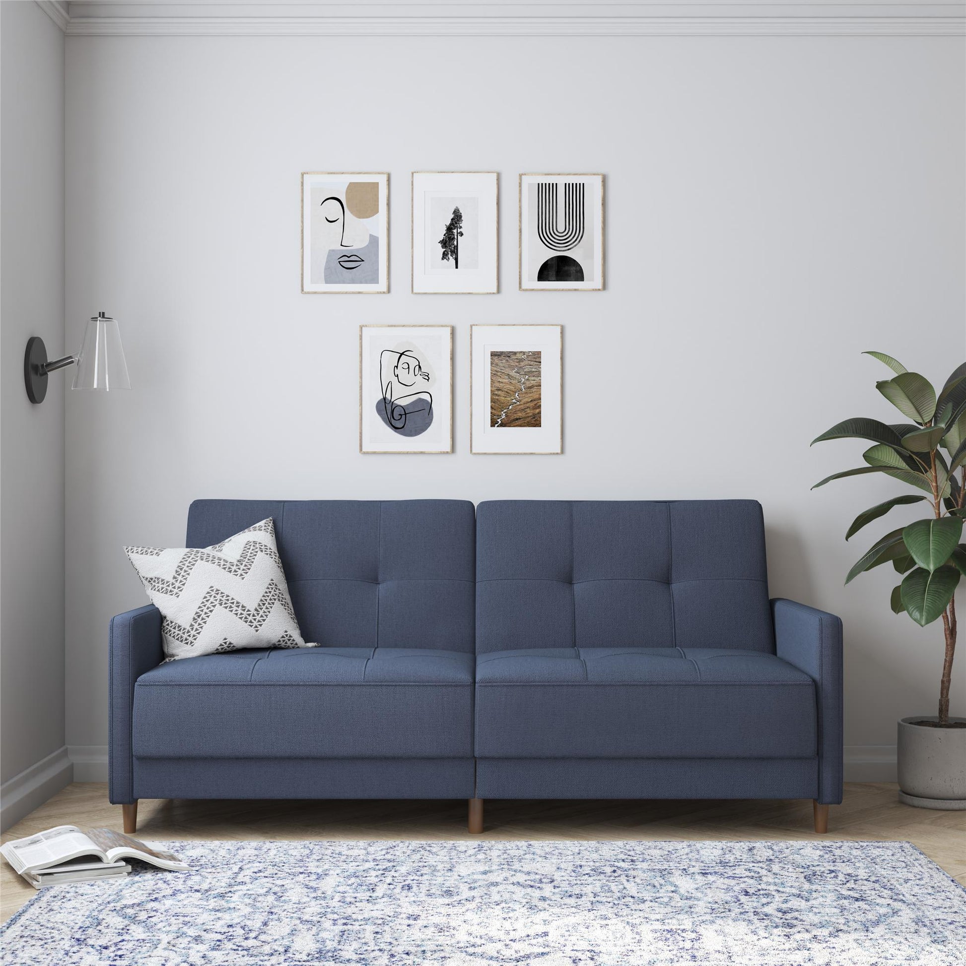 Andora Tufted Upholstered Coil Futon with Wooden Legs - Navy Linen