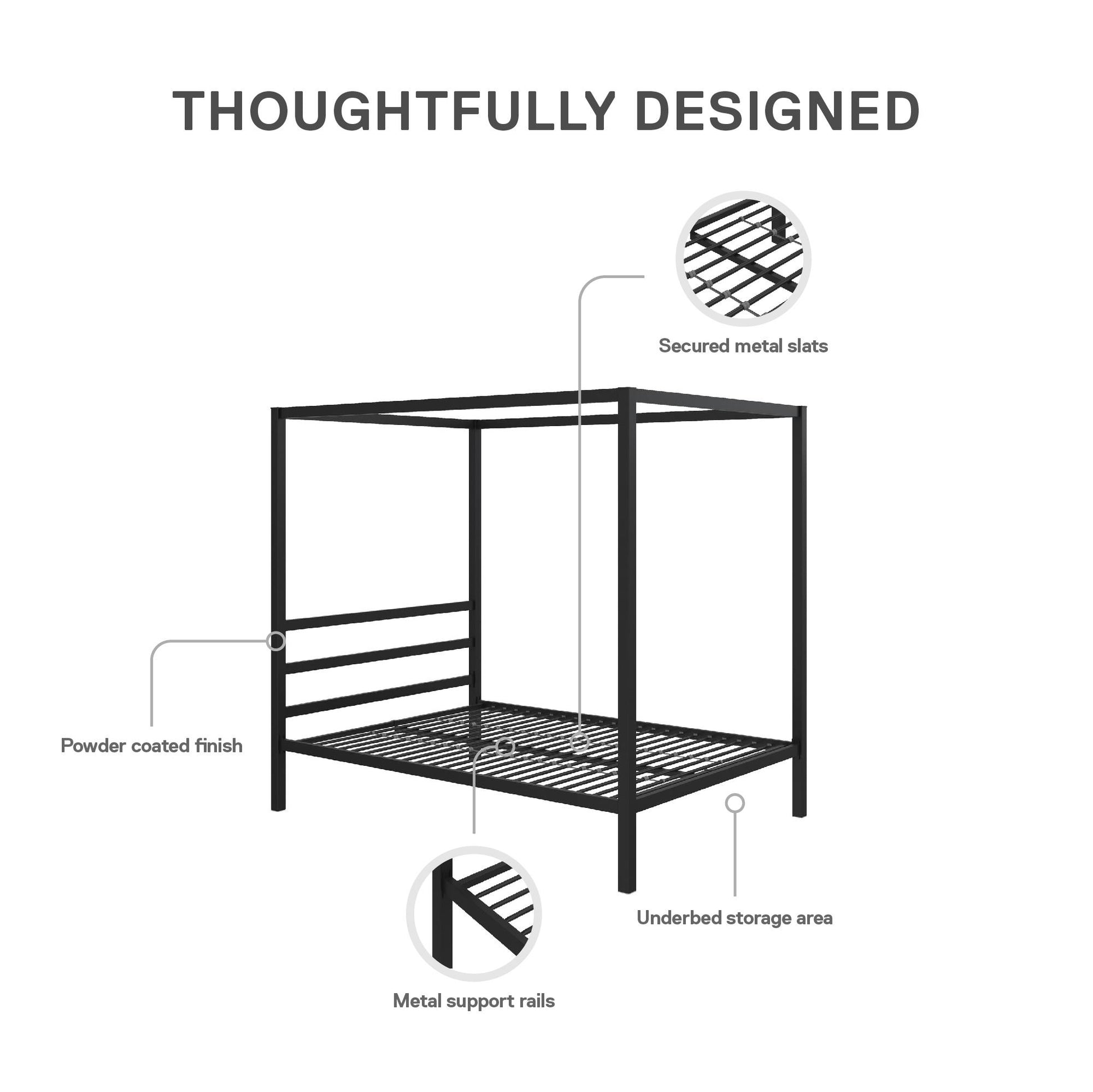 Modern Metal Canopy Bed with Sleek Built-In Headboard - Black - Full
