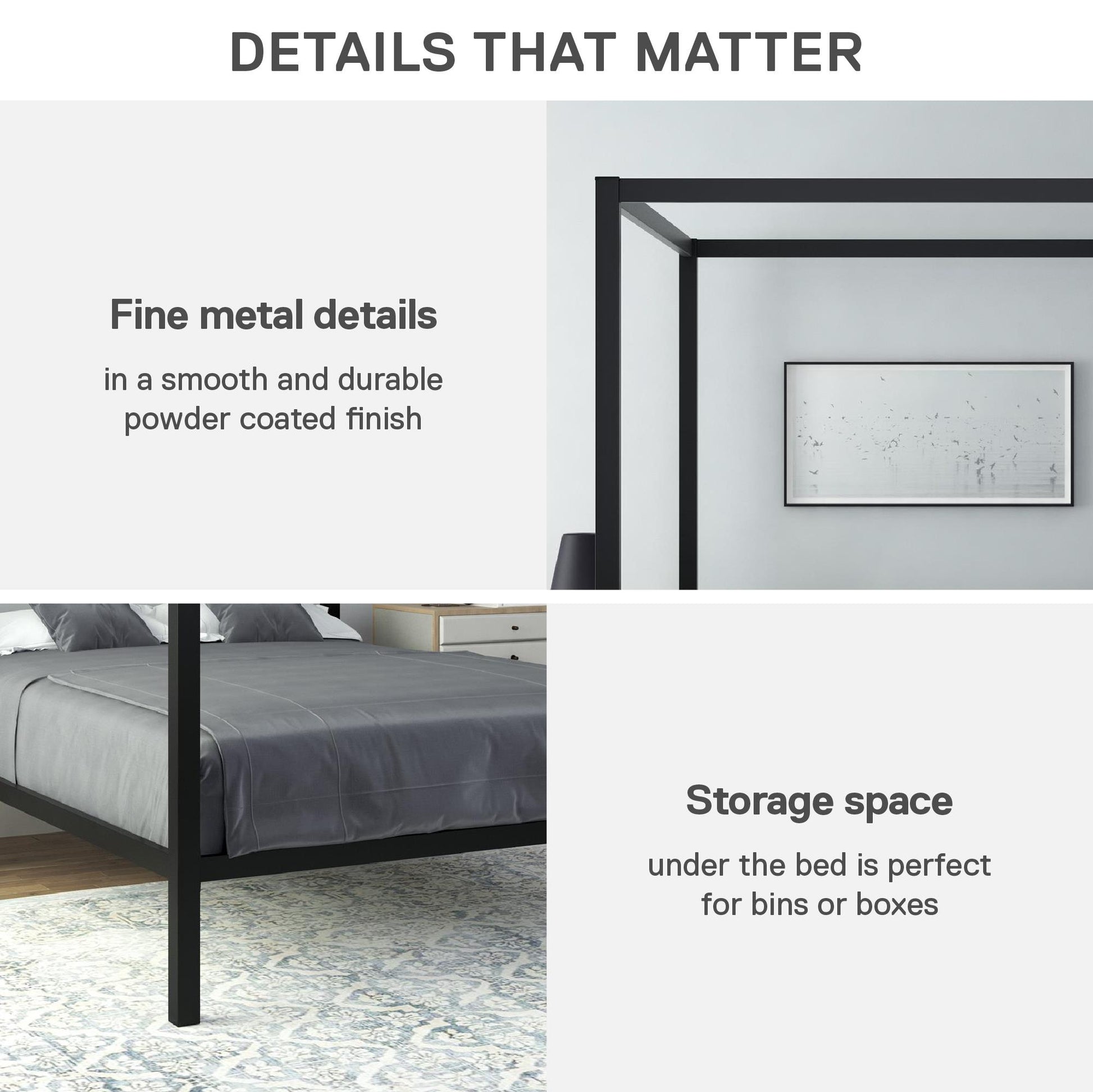 Modern Metal Canopy Bed with Sleek Built-In Headboard - Black - Full