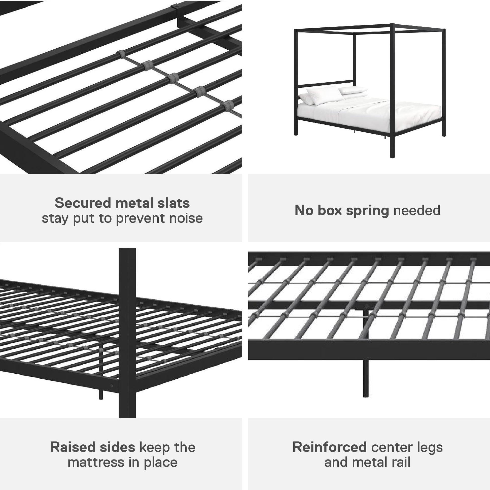 Modern Metal Canopy Bed with Sleek Built-In Headboard - Black - Queen