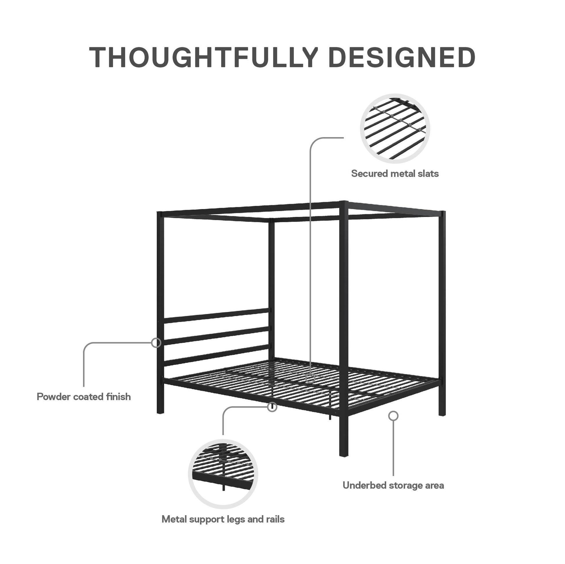 Modern Metal Canopy Bed with Sleek Built-In Headboard - Black - Queen