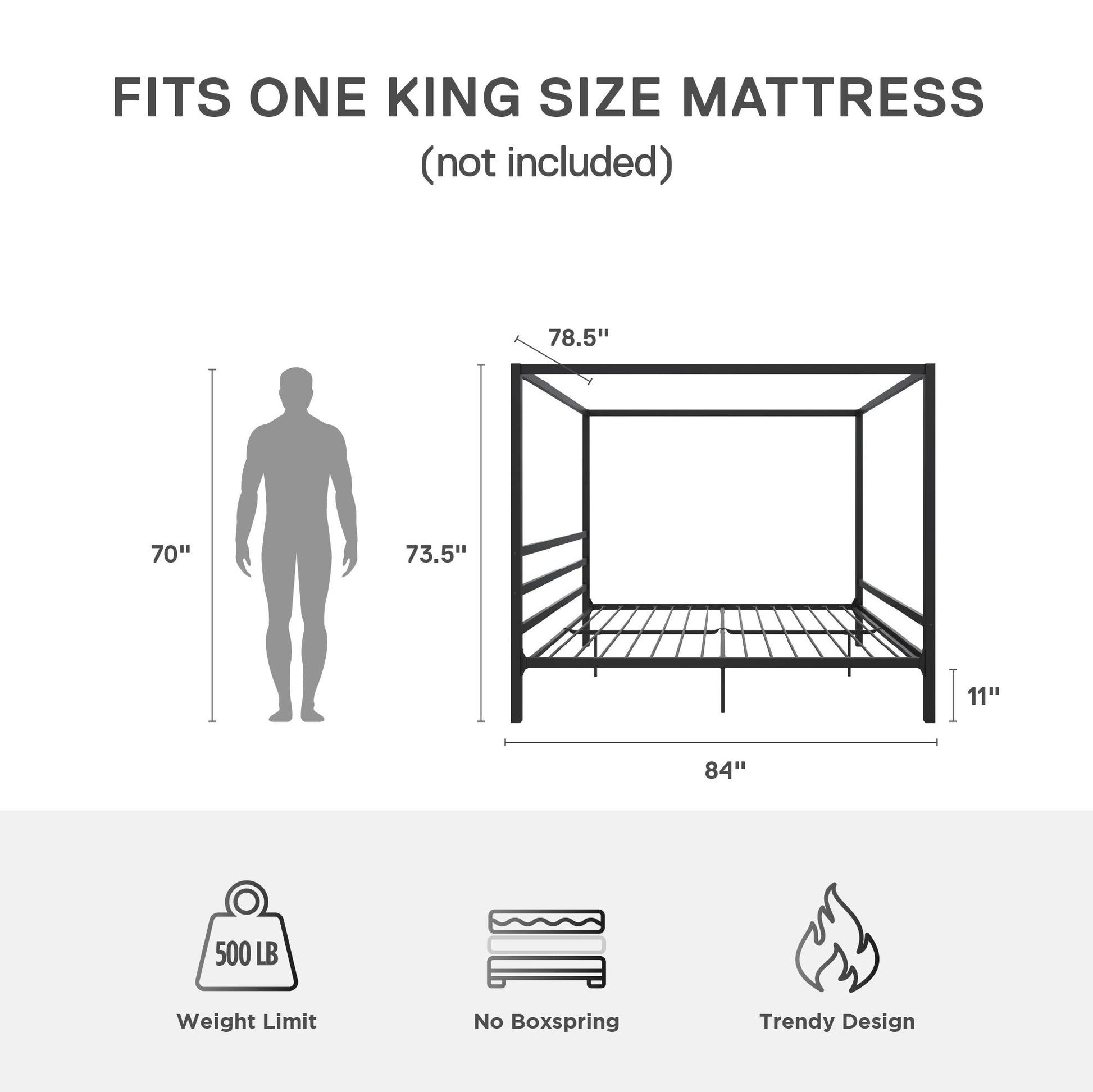 Modern Metal Canopy Bed with Sleek Built-In Headboard - Black - King