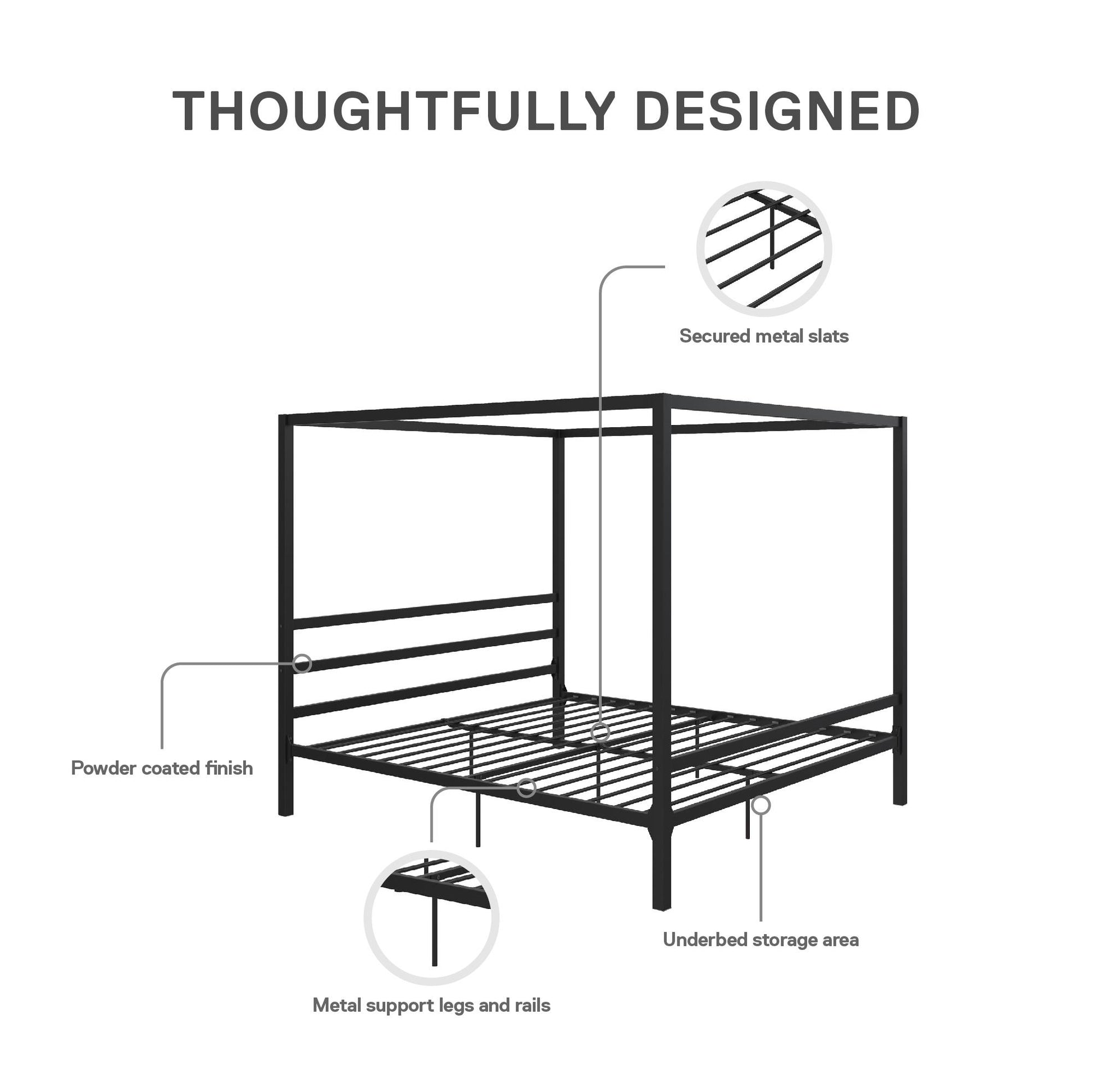 Modern Metal Canopy Bed with Sleek Built-In Headboard - Black - King