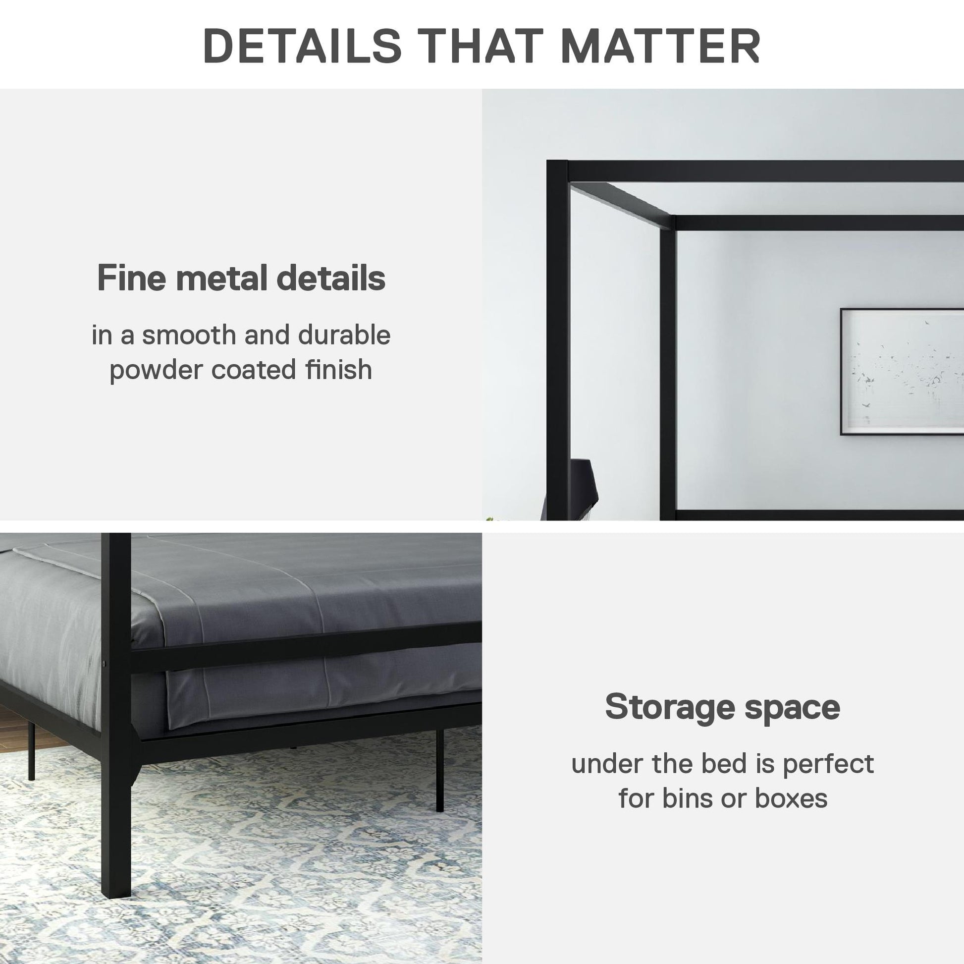Modern Metal Canopy Bed with Sleek Built-In Headboard - Black - King
