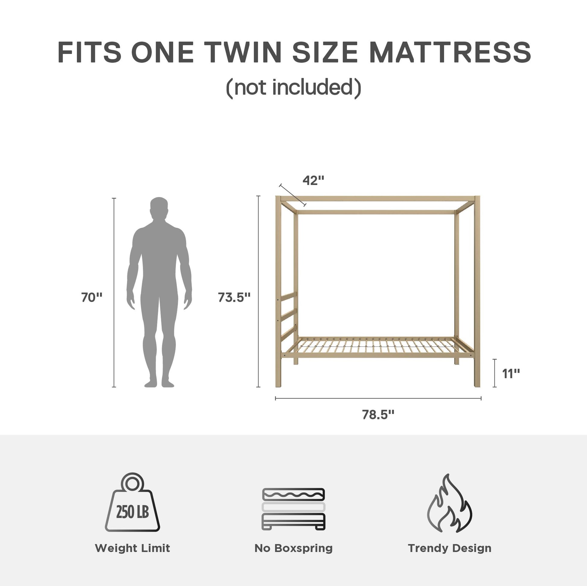 Modern Metal Canopy Bed with Sleek Built-In Headboard - Gold - Twin