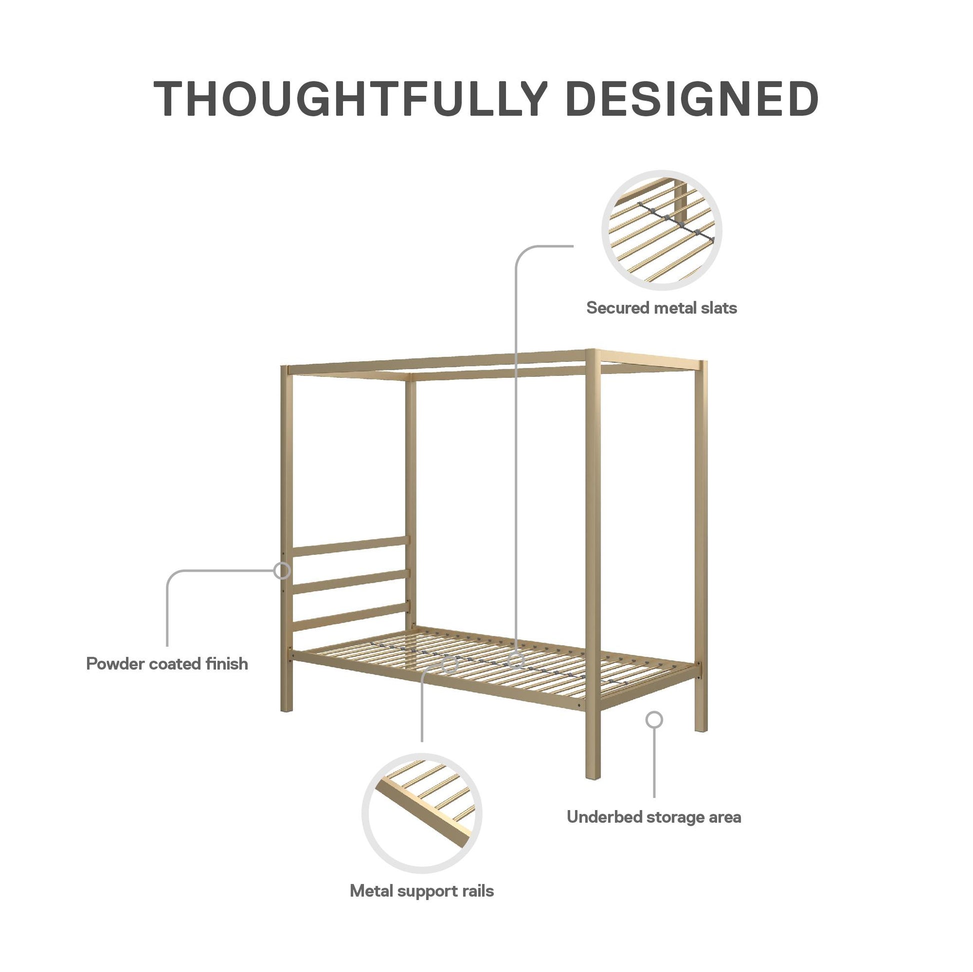 Modern Metal Canopy Bed with Sleek Built-In Headboard - Gold - Twin