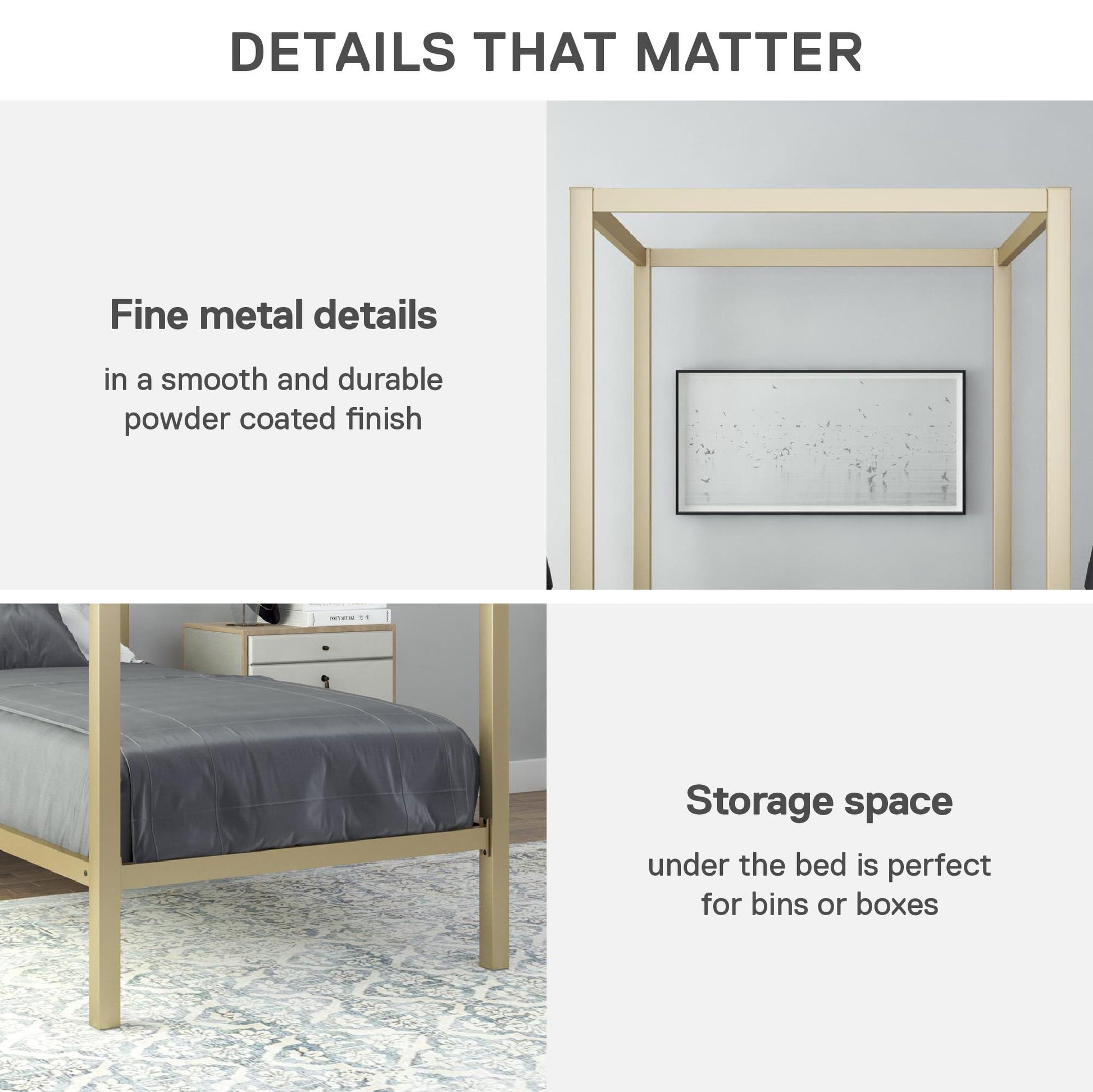 Modern Metal Canopy Bed with Sleek Built-In Headboard - Gold - Twin