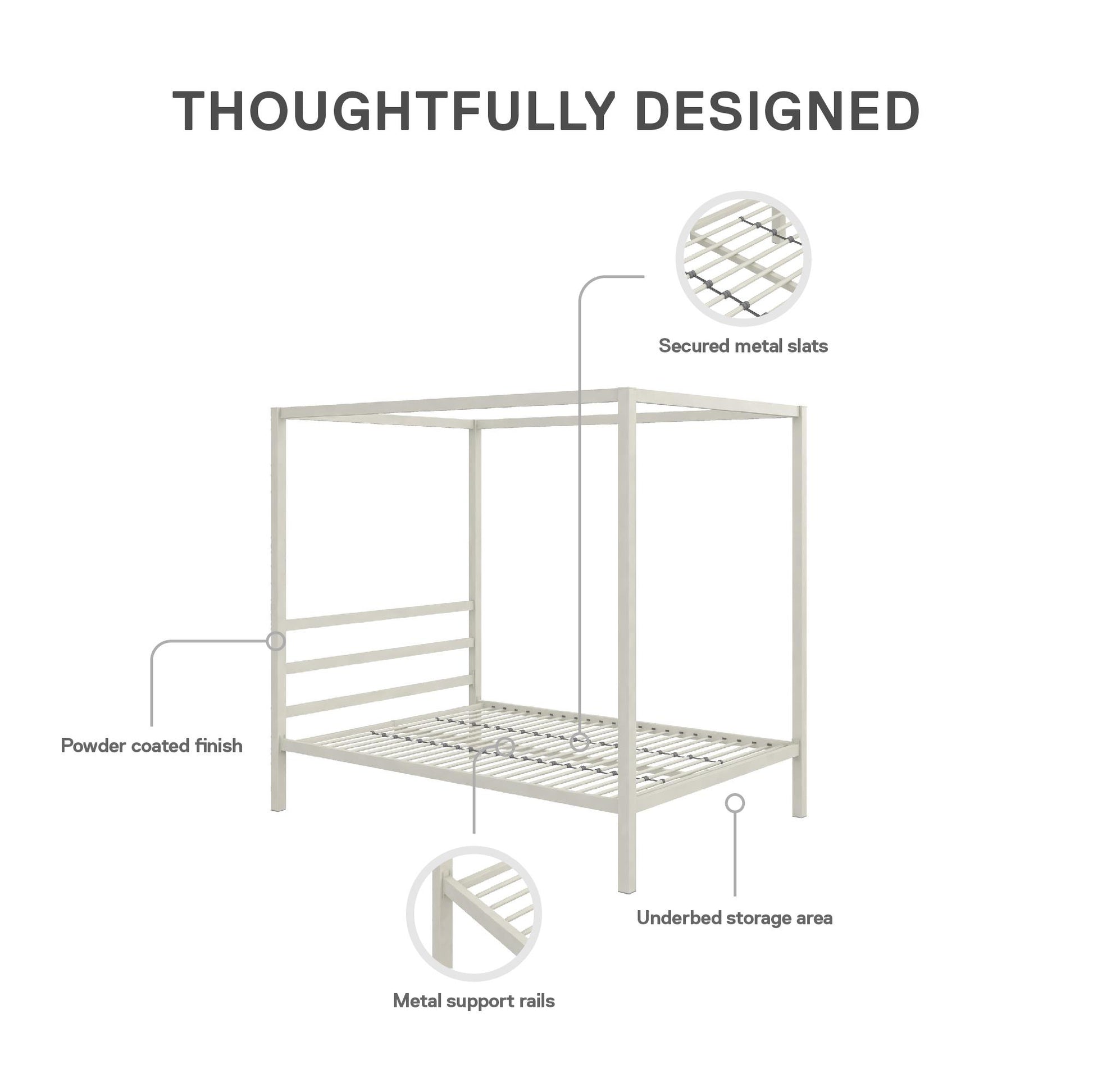 Modern Metal Canopy Bed with Sleek Built-In Headboard - White - Full
