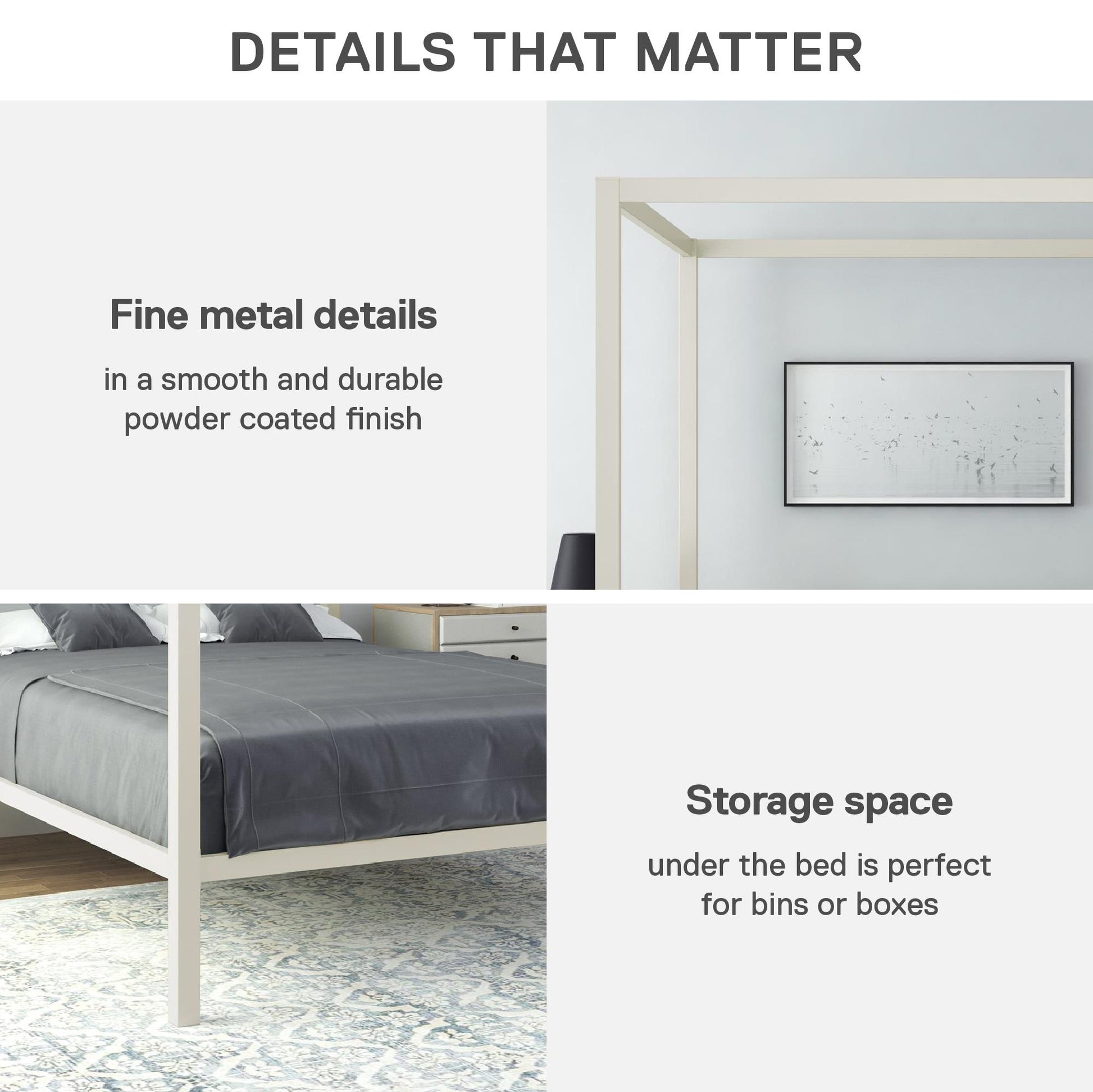 Modern Metal Canopy Bed with Sleek Built-In Headboard - White - Full