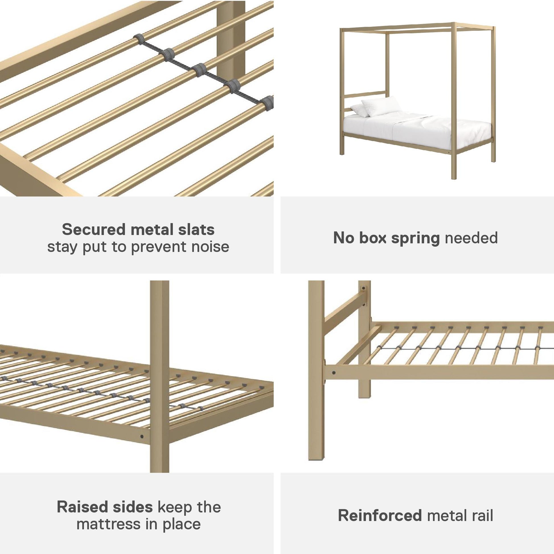 Modern Metal Canopy Bed with Sleek Built-In Headboard - Gold - Twin