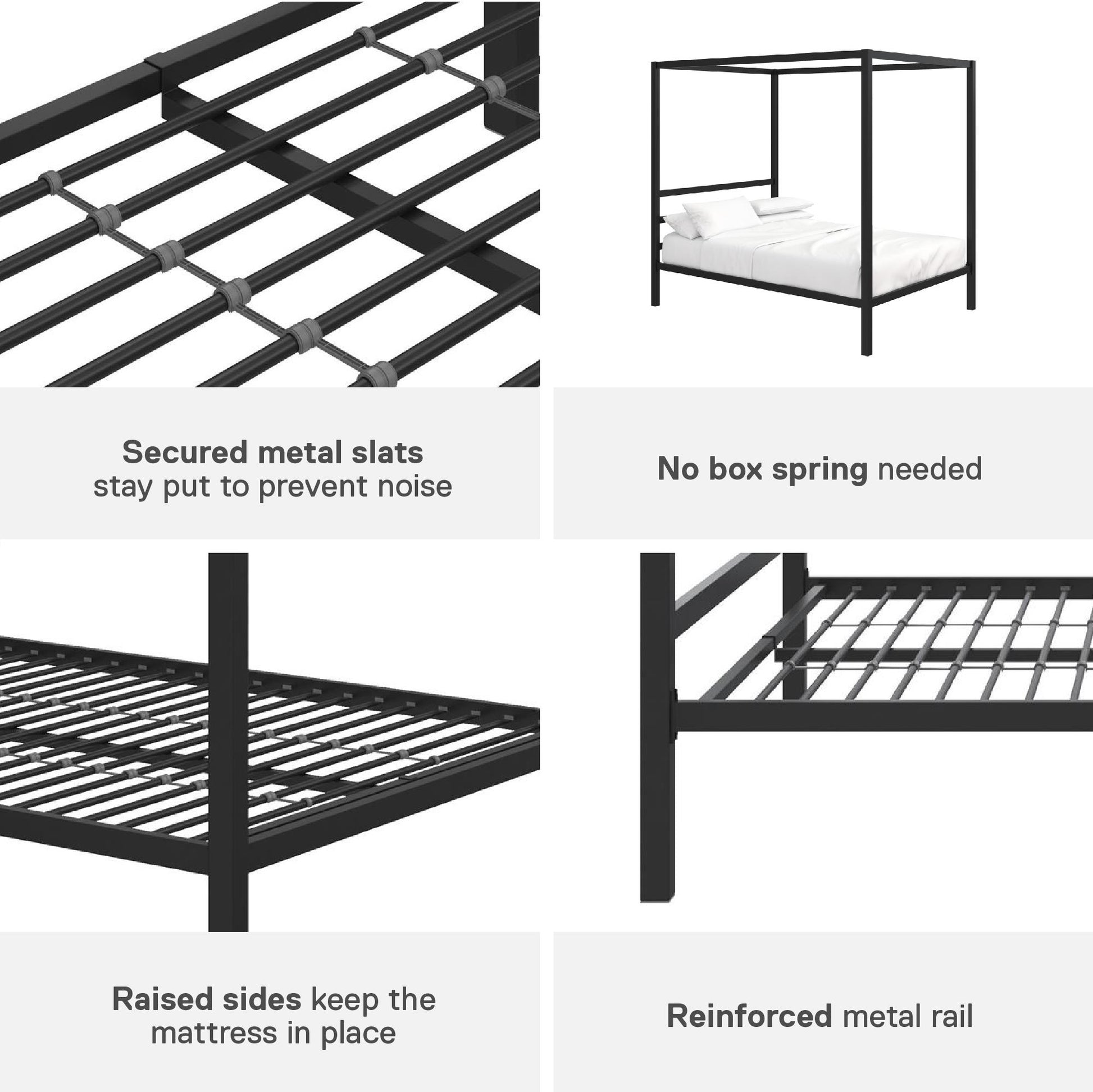 Modern Metal Canopy Bed with Sleek Built-In Headboard - Black - Full