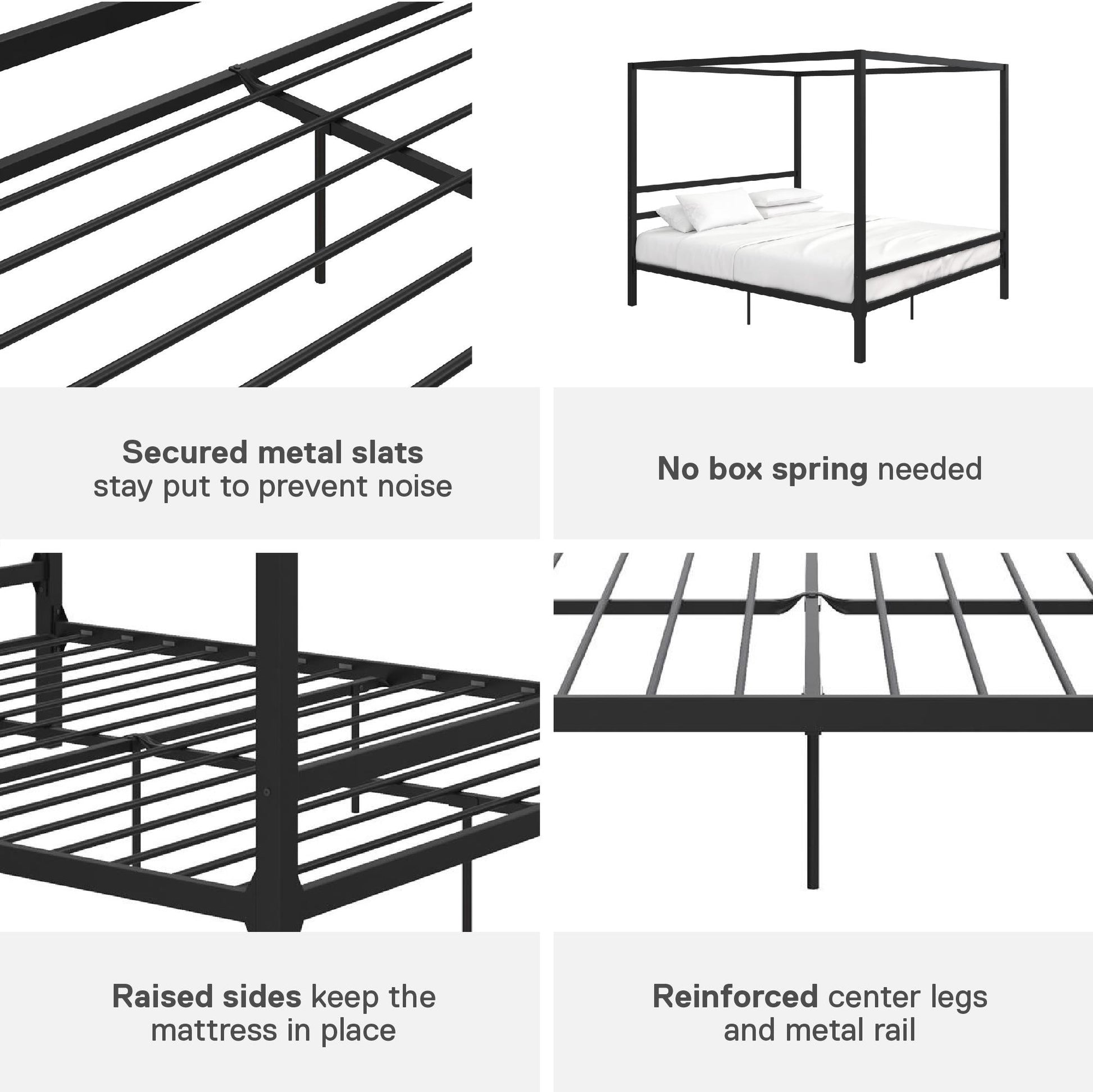 Modern Metal Canopy Bed with Sleek Built-In Headboard - Black - King