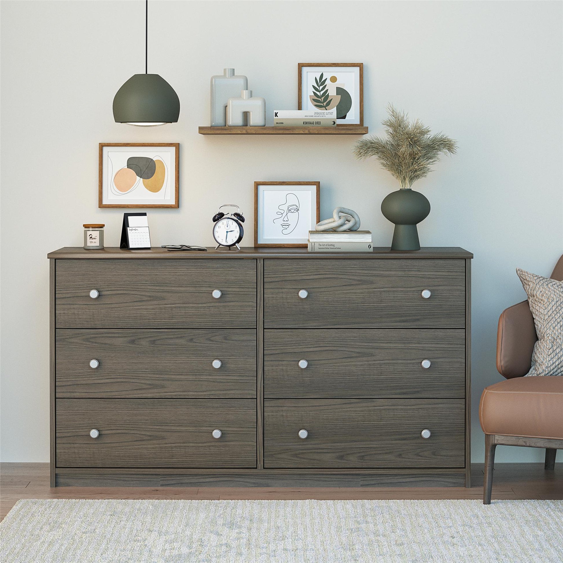 Ellwyn 6 Drawer Wide Dresser with Included Wall Anchor Kit - Brown Stanton Ash