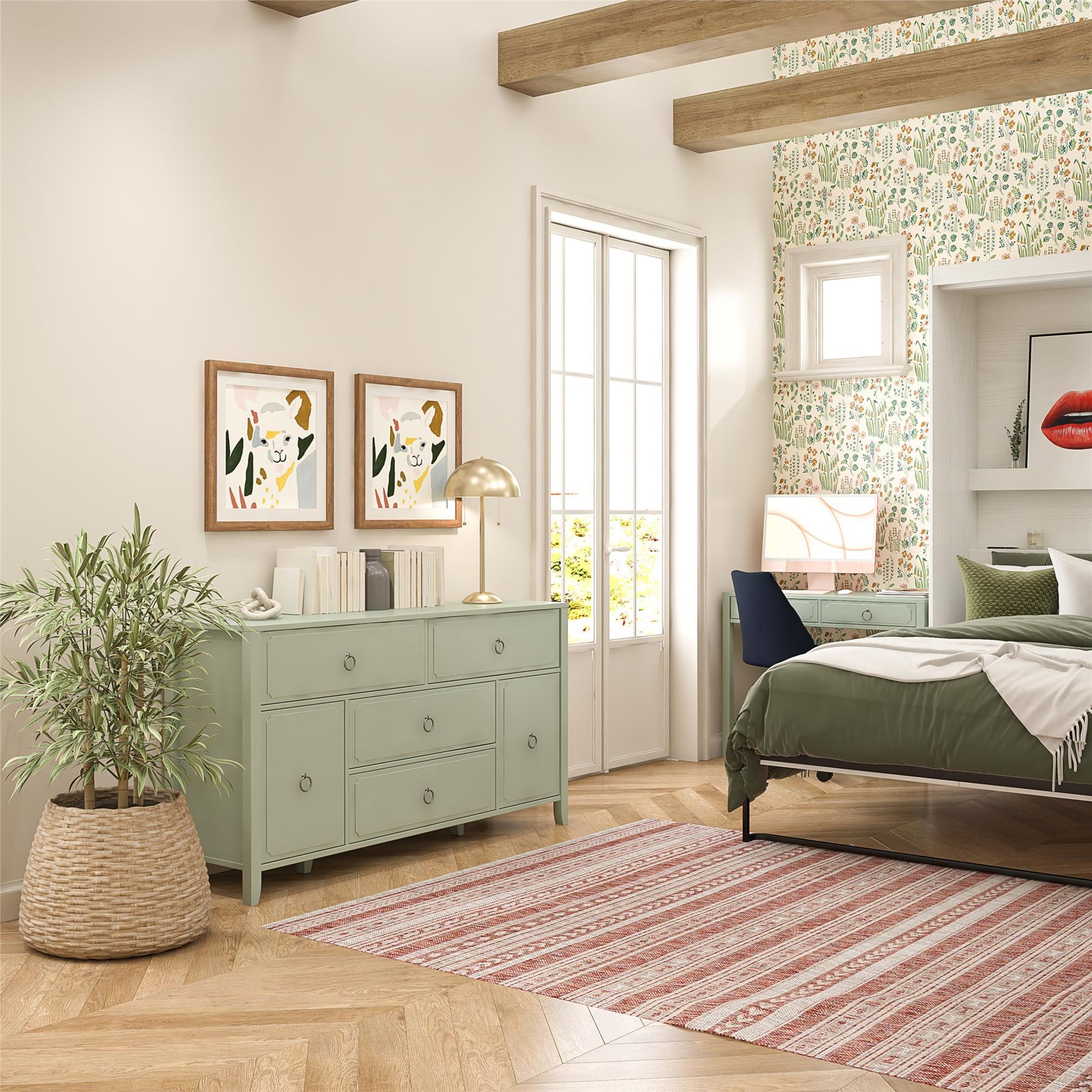 Her Majesty 4 Drawer/2 Door Wide Dresser, Pale Green - Pale Green