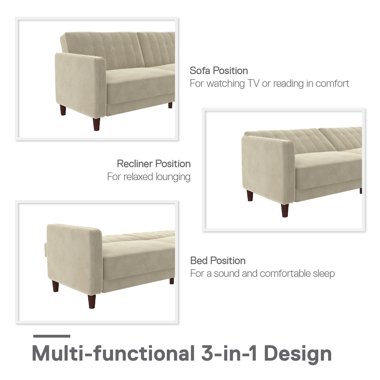 Pin Tufted Transitional Futon with Vertical Stitching and Button Tufting - Tan Velvet