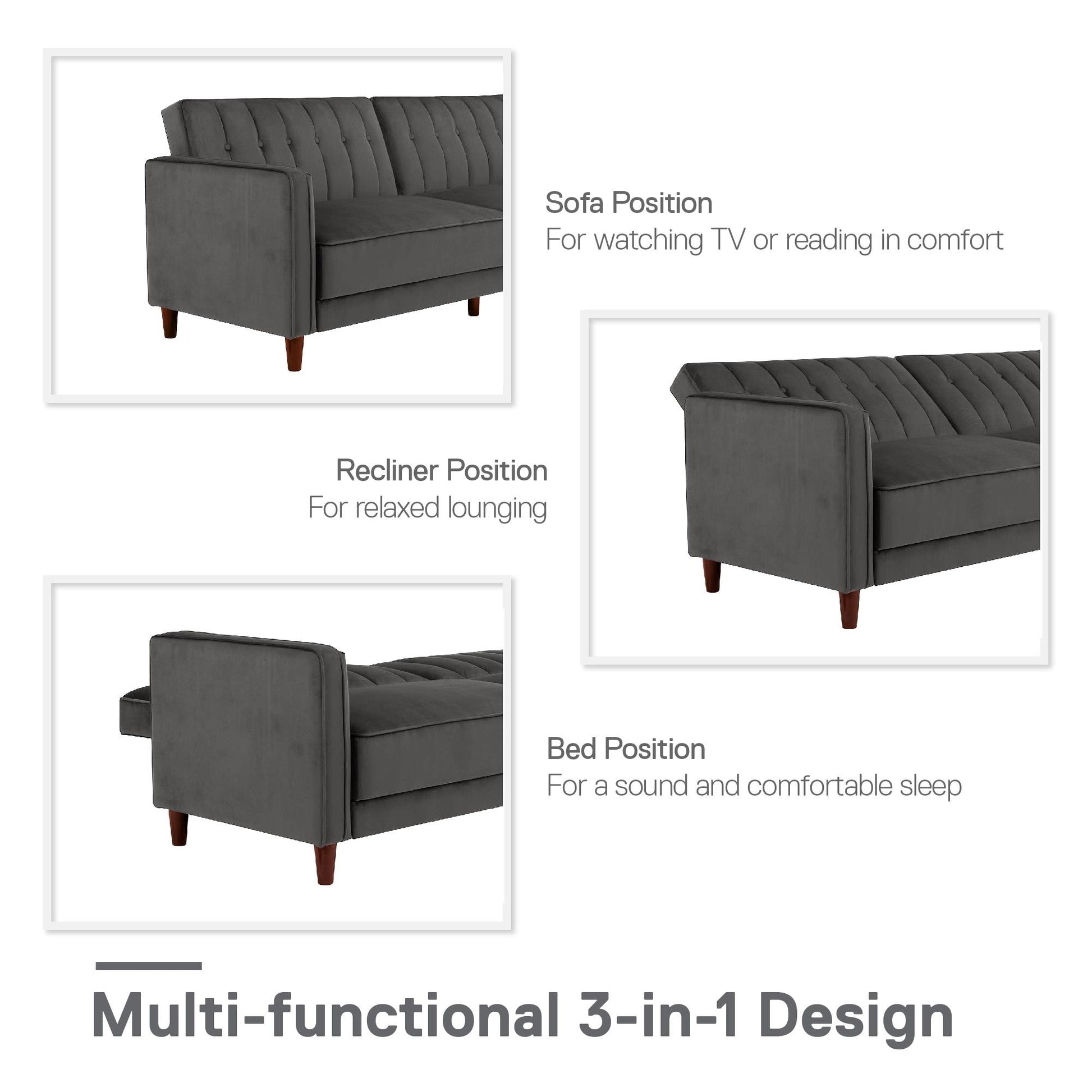 Pin Tufted Transitional Futon with Vertical Stitching and Button Tufting - Grey Velvet